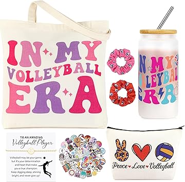 JoycuFF Volleyball Gifts for Teen Girls Volleyball Stuff for Girls with Glass Cup Tote Bag Stickers Bracelets Makeup Bag Hairband Cute Volleyball Birthday Gift Set for Team Players Sports Lovers