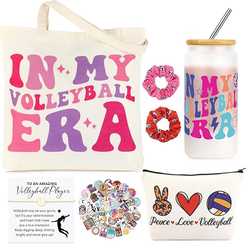 JoycuFF Volleyball Gifts for Teen Girls Volleyball Stuff for Girls with Glass Cup Tote Bag Stickers Bracelets Makeup Bag Hairband Cute Volleyball Christmas Gift Set for Team Players Sports Lovers
