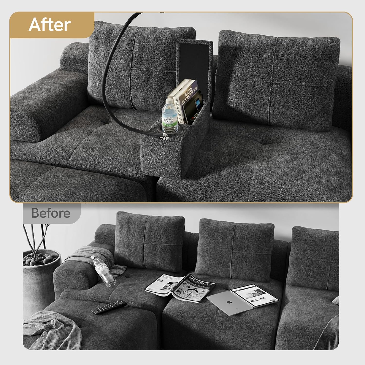 Multifunctional Couch Caddy Sofa Armrest with Couch Cup Holder, Charging Console, Phone Holder, Storage 20.3'' Removable Dark Grey Chenille Sofa Arm Rest Caddy Organizer for Sofas Couches