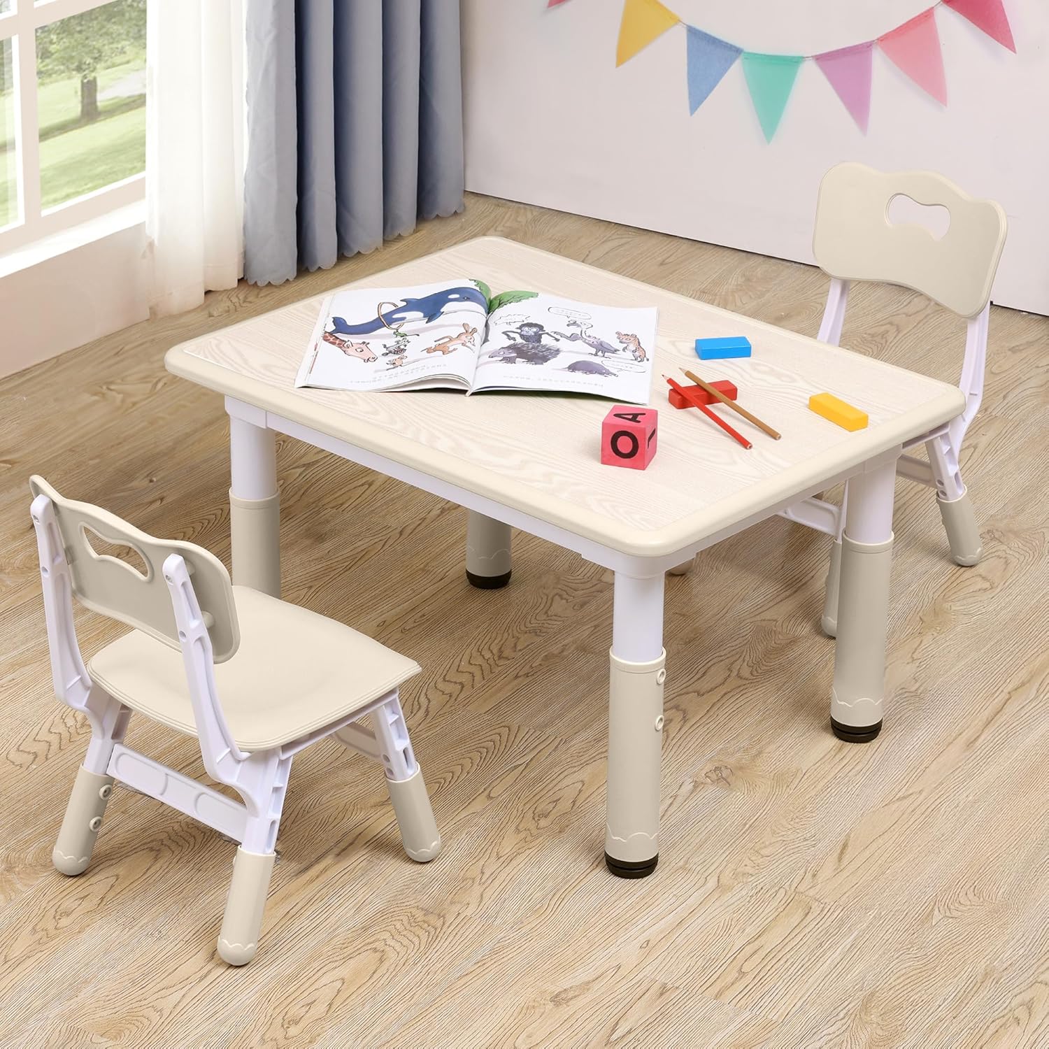 Kids Table & Chairs Set (2 Chairs) Height Adjustable for Ages 2-8 | Non-Slip Toddler Activity Table with Wipe-Clean Desktop, Montessori Learning & Art Drawing Tables for Home Preschool
