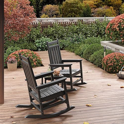 Miniatura 9 de GarveeLife Juego de 2 mecedoras para exteriores, sillas mecedoras de polietileno de polietileno de alta densidad con respaldo alto para adultos,