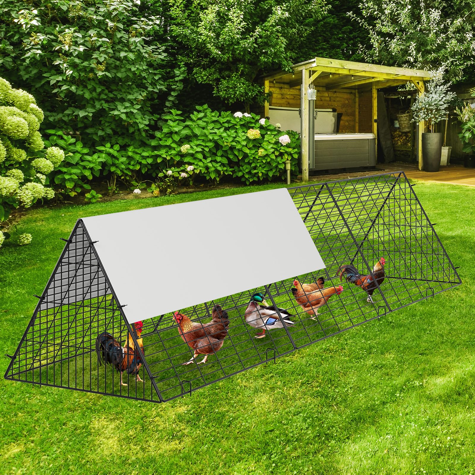 Túnel de metal para pollos con cubierta impermeable y anti-UV, corral de pollo para patio, granja de patio al aire libre, gallinero portátil para gallinas, patos, conejos (118.8 x 28 x 24.2 pulgadas)