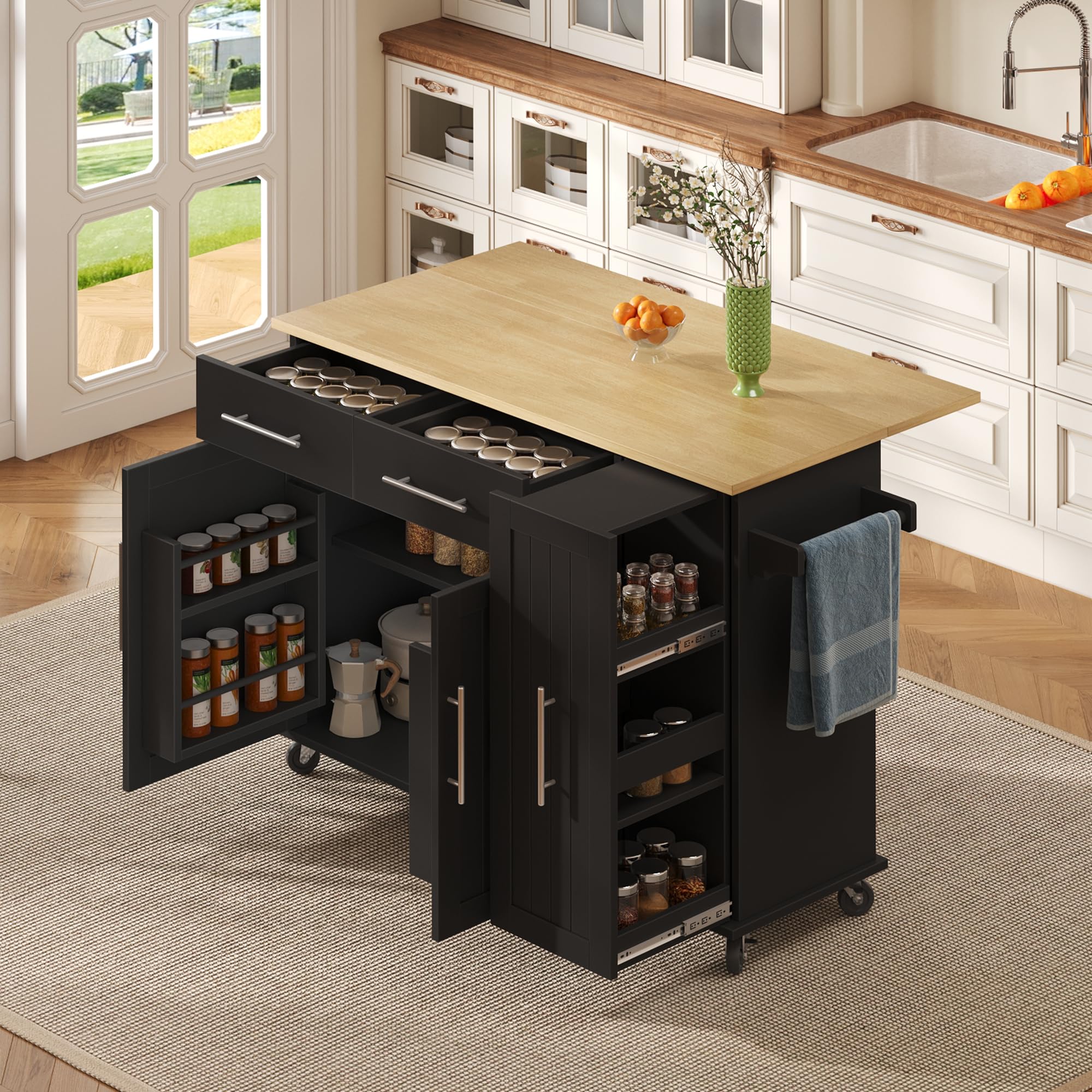FammyLoft Kitchen Island with Drop Leaf, Rolling Kitchen Trolley Cart with 3 Tier Pull Out Cabinet Organizer, Internal Storage Rack, Lockable Wheels, Storage Unit for Dining Room, Black โ image 1