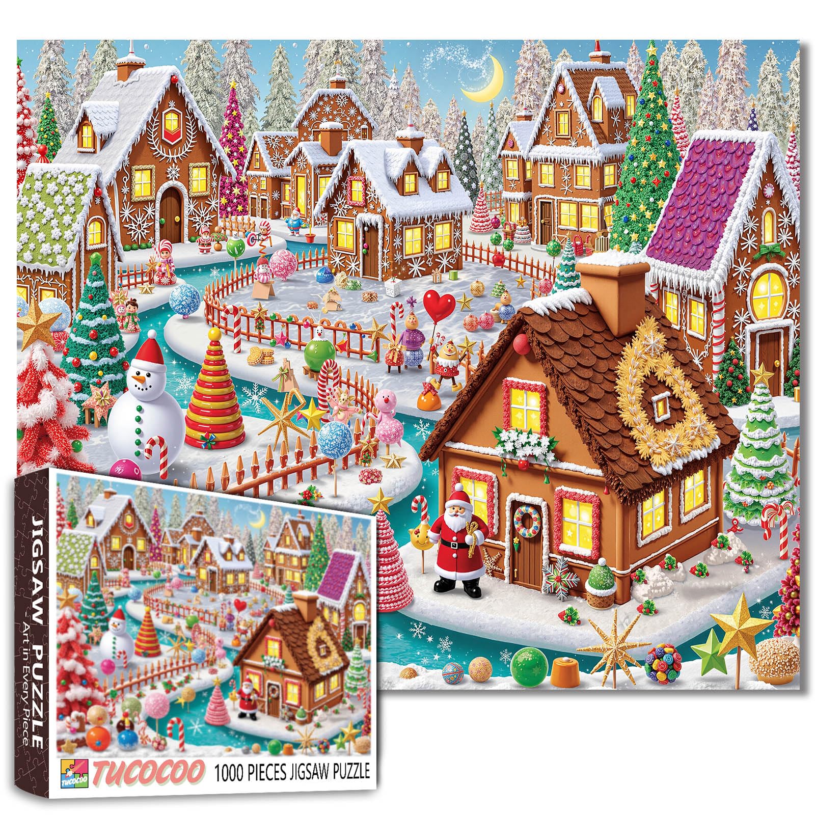 Candy House Village Jigsaw Puzzle 1000 Pieces for Adults Students 20ร27 Inches Gingerbread Christmas Winter Wonderland Sweet Treats Santa Snowman Festive Indoor Creative Gift Family Time Fun Challenge โ image 1