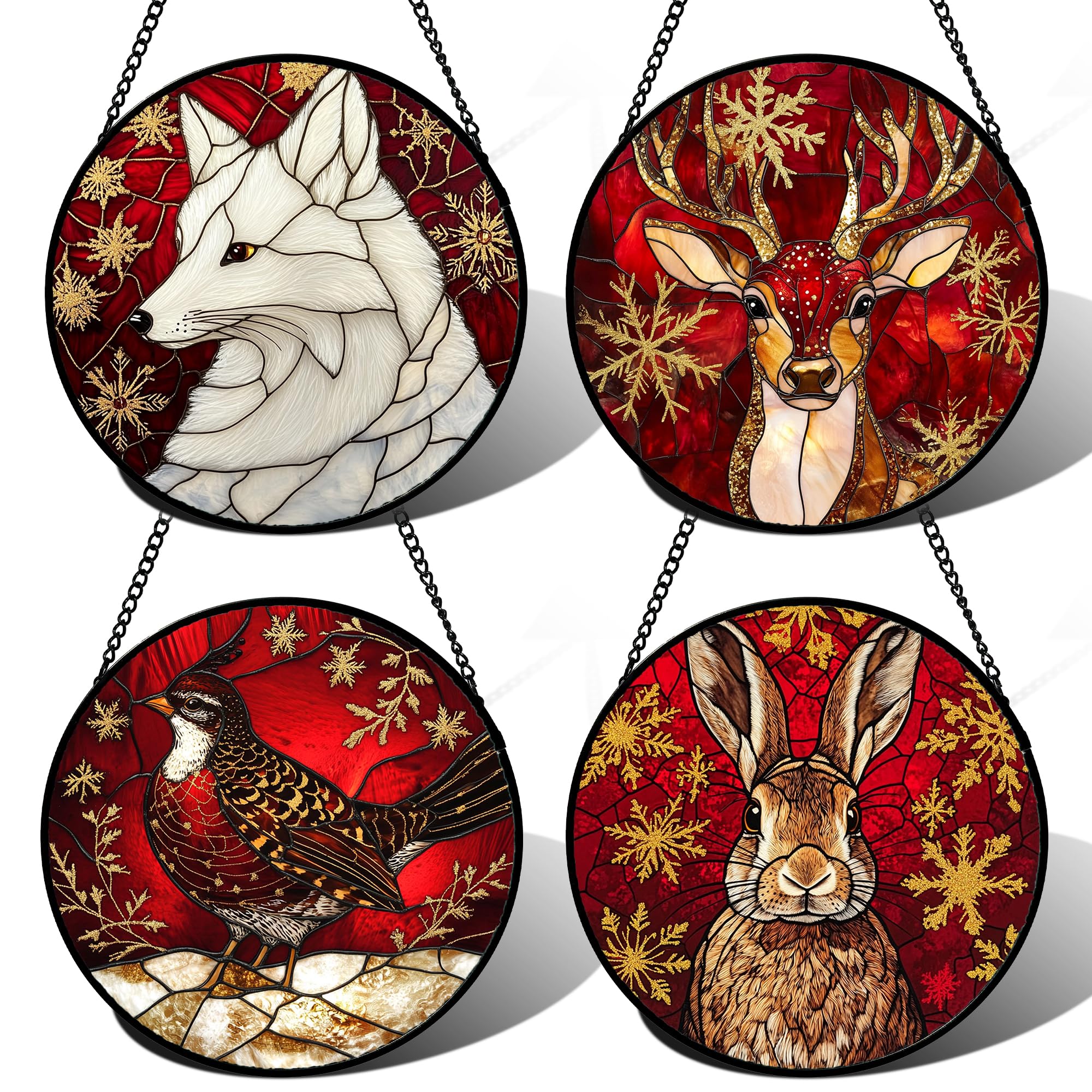 DASTOLL Stained Glass Window Hanging 4 Pcs Set Red Golden Snowflakes 9.8" - Christmas Elk Rabbit Suncatcher Door Garden Sun Catcher Decor Birthday for Mom Woman Nana Men