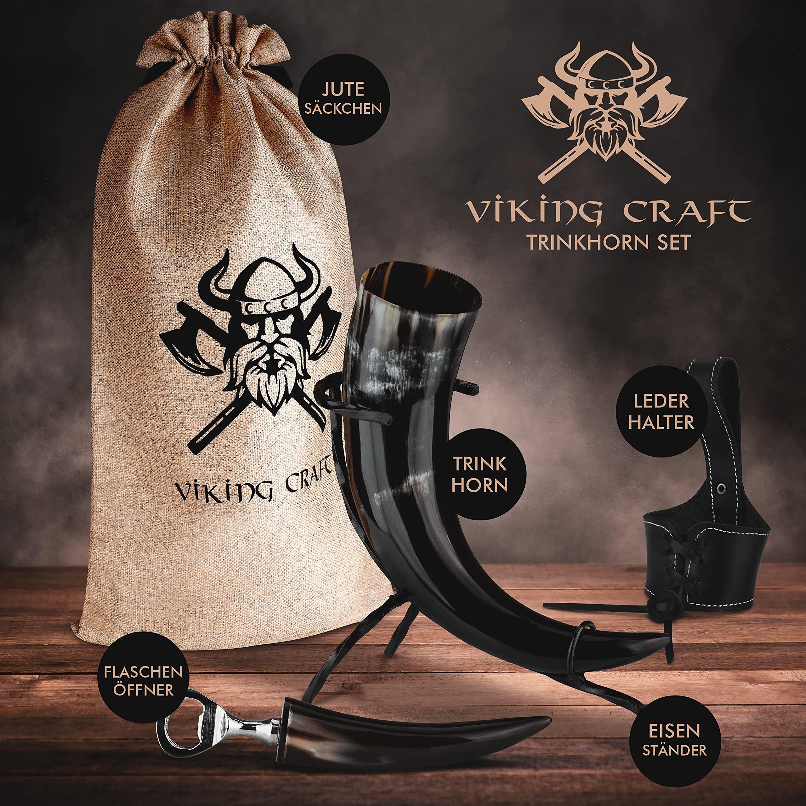 VIKING CRAFT® Trinkhorn Wikinger ca. 450ml - Extra Großes 5-teiliges Horn Set für Met Honigwein mit Ständer – Methorn Wikinger Deko, LARP Mittelalter Bierkrug, Honigmet