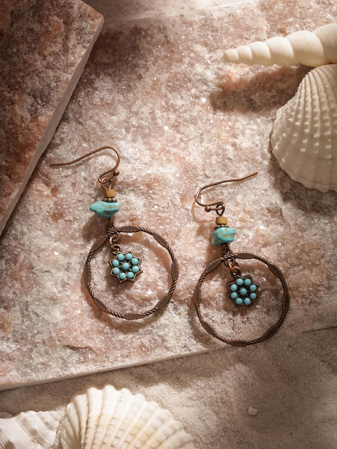 MINACHI Vintage Copper Tone Boho Drop Earrings with Turquoise-Toned Chips and Starburst Charm, Hippie Style Danglers For Women - Image 5