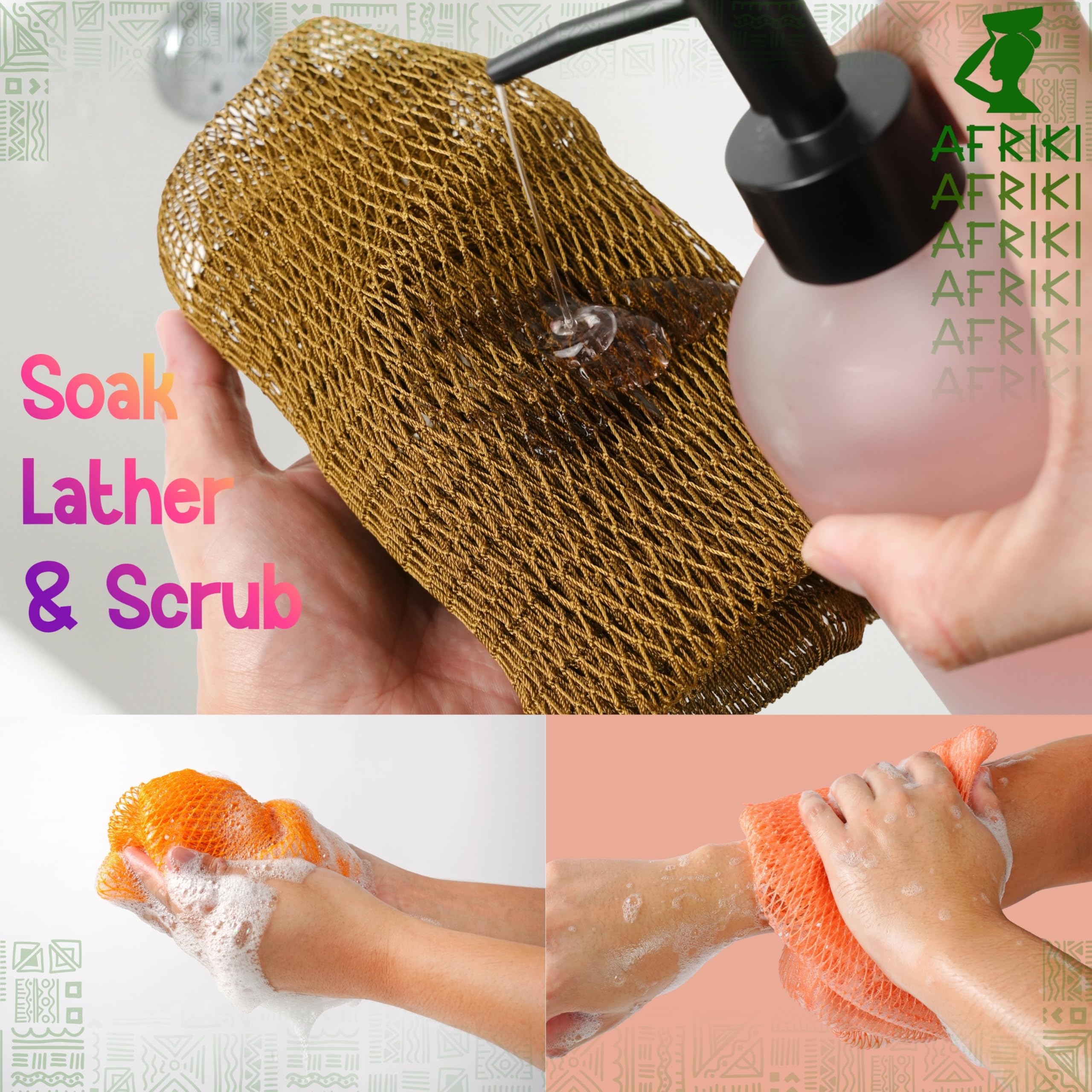 AFRIKI Lot de 2 éponges africaines exfoliantes africaines noires - Gant de toilette exfoliant pour le corps pour le bain et la douche, exfoliant pour le dos et les peaux mortes (rose, vert)