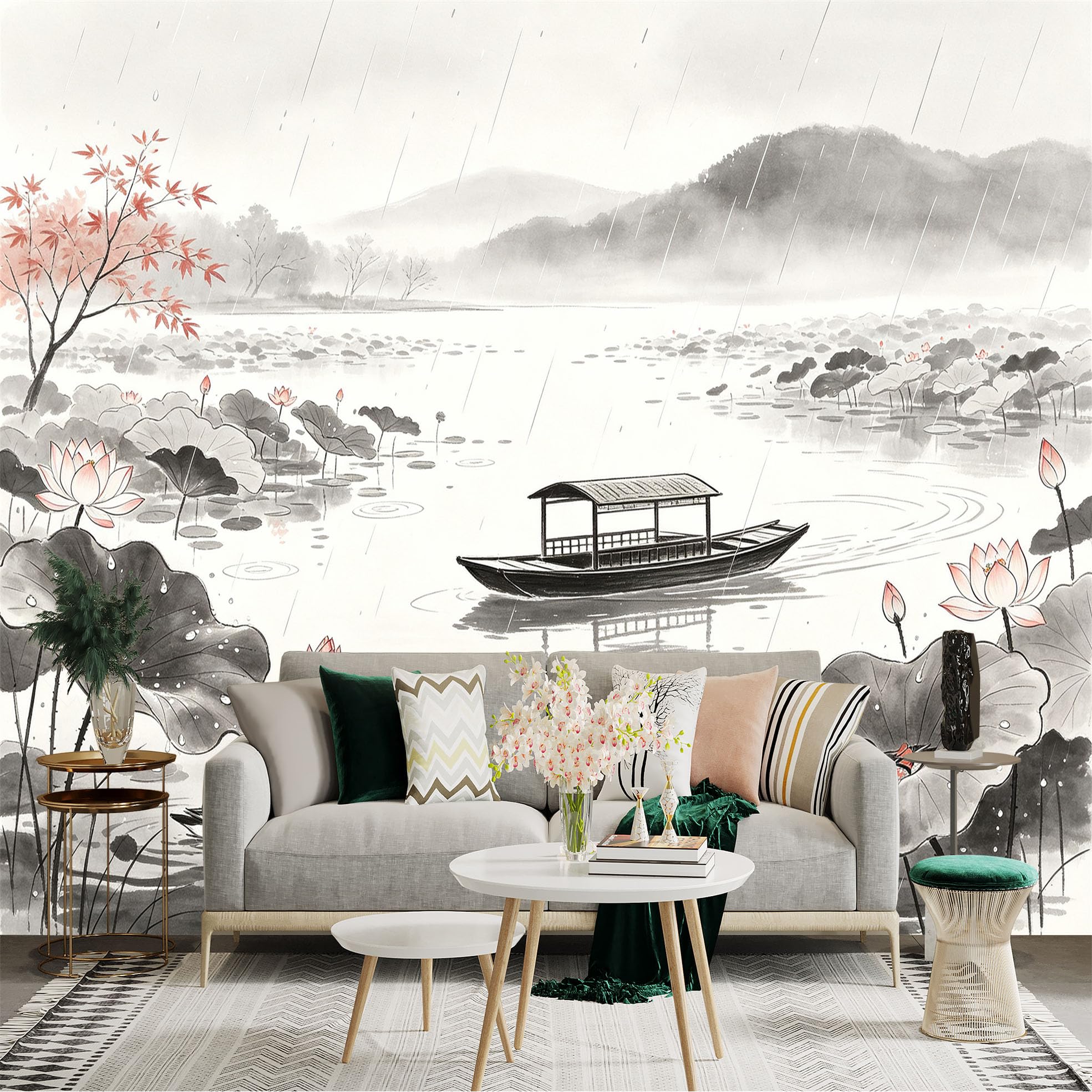 Custom Size Wall Sticker Mural， Traditional Chinese Ink Wash Painting， Zen Lotus Pond， Misty Rain Landscape with Boat， for wall Decoration， peelandstick wall Decals.