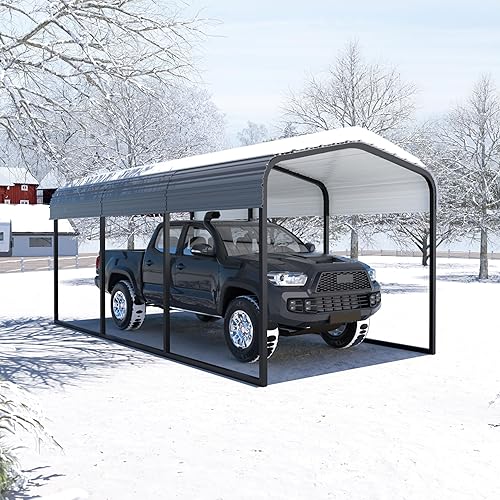 MUPATER Toldo de garaje para exteriores, 10 x 15 pies, tienda de campaña de metal resistente, sombra de refugio de garaje con techo de metal, marco
