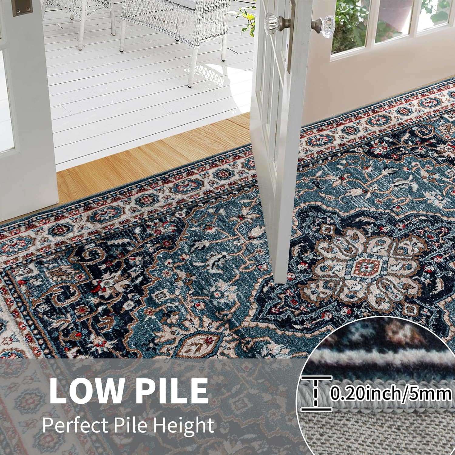 Easy-Going Area Rug 5x7 Medallion Distressed Washable Rugs for Living Room Non-Slip Bedroom Rug Low Pile Lightweight Vintage Retro Throw Rug for Dining Room Kitchen Home Office Carpet, Teal Brick - Image 2