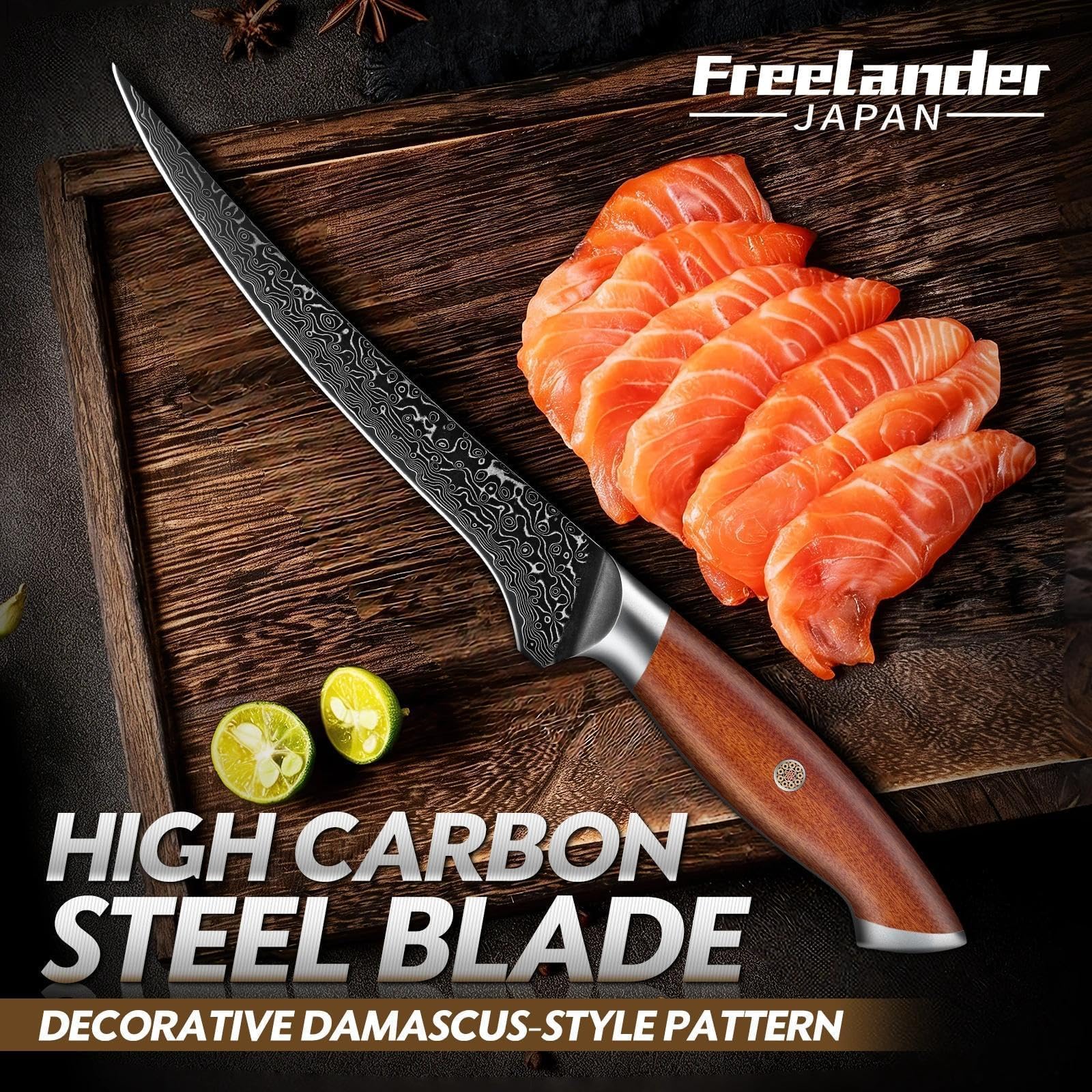 Freelander Filetiermesser Fisch Profi aus Hochkohlenstoffstahl, Scharfes Ausbeinmesser mit Ergonomischer Holzgriff, Küchenmesser zum Filetieren von Fisch, Fleisch und Meeresfrüchten mit Geschenkbox