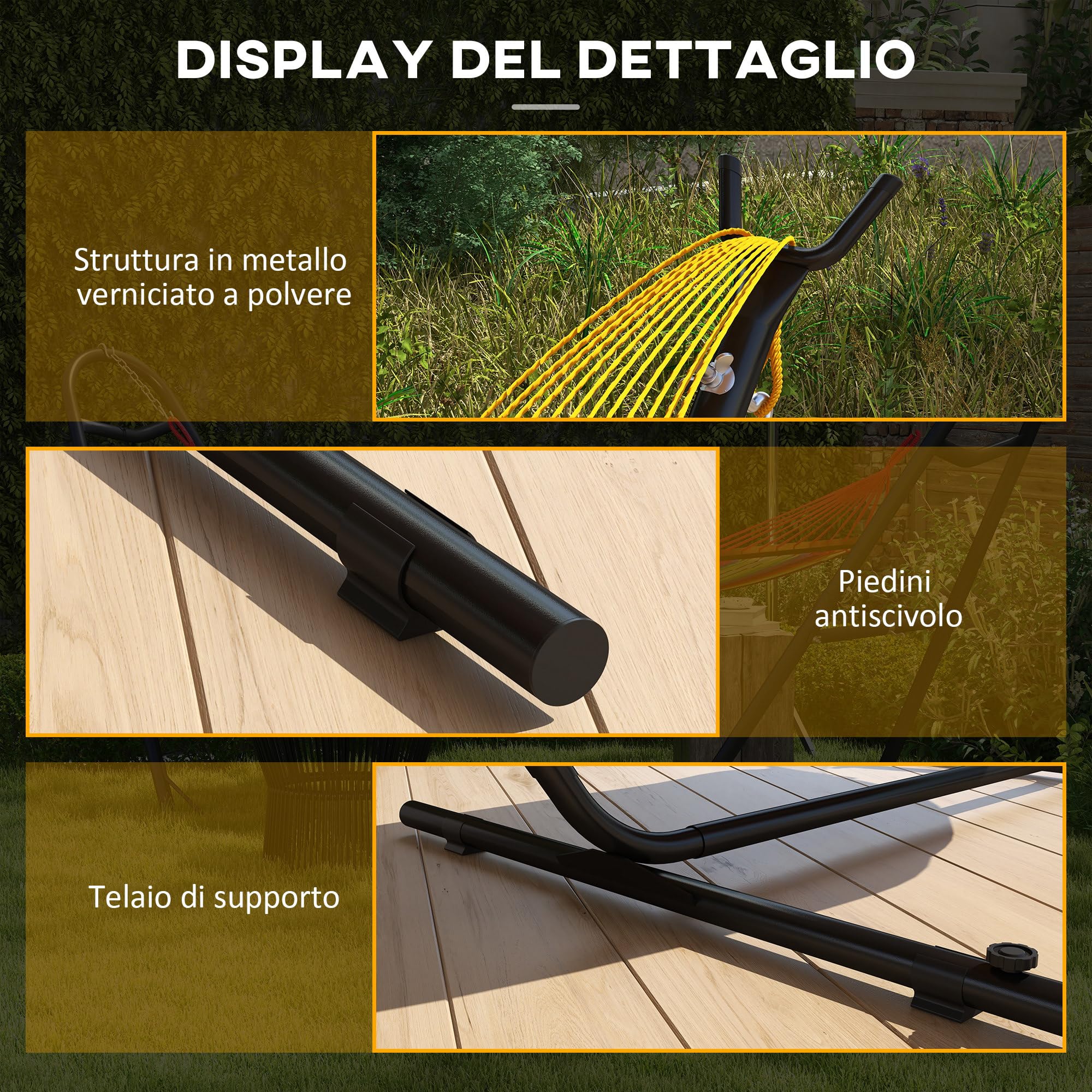 Outsunny Supporto per Amaca in Acciaio con Tavolino Integrato, Base per Amaca con Carico Massimo 150kg, Nero