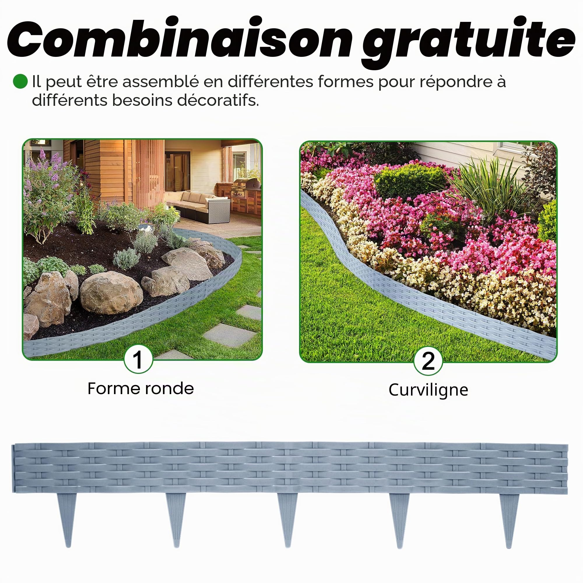 Aufun Bordure de jardin en plastique de 5 m en aspect rotin avec 5 éléments de 100 cm, design flexible pour délimitation de parterre de fleurs, courbe pour coupe de gazon, bordure de plate-bande pour