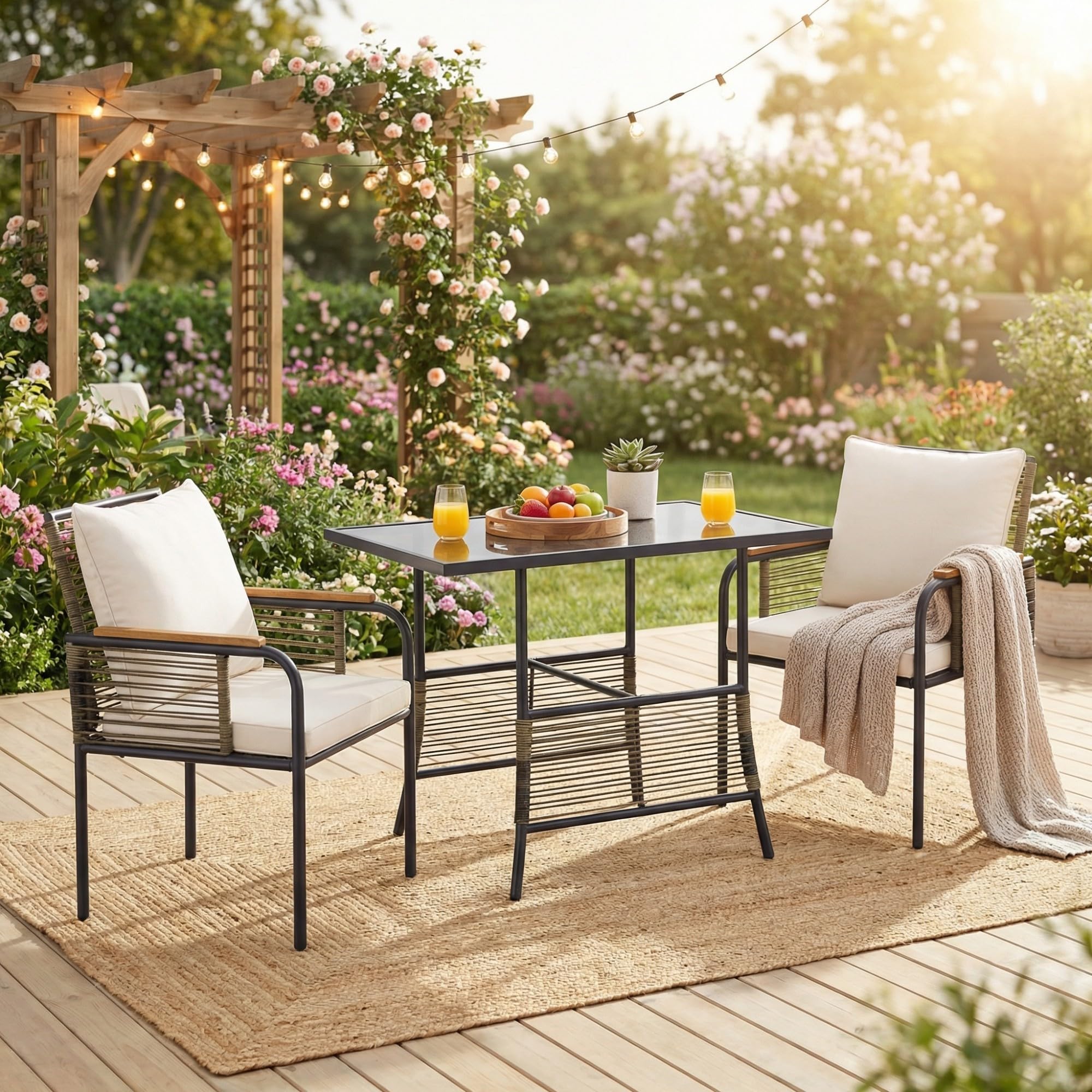 LIFEZEAL 3-TLG. Gartenmöbel Set, 3-teiliges Balkonmöbel-Set Rattan, Esstisch mit 2 Stühlen inkl. Sitzkissen, Terrassenmöbel Sitzgruppe für Balkon, Veranda, Garten, Hof (Beige)