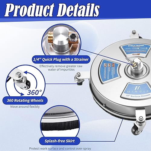 Miniatura 3 de M MINGLE 17'' Pressure Washer Surface Cleaner, Driveway Pressure Washer Attachments with 2 Power Washer Replacement Wands and Nozzles, 14" Quick
