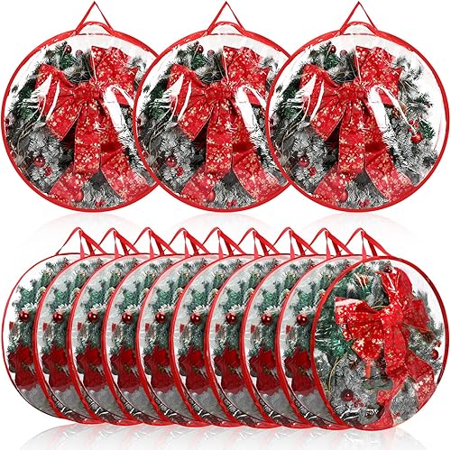 9 Pcs Christmas Wreath Storage Container 30 Inch Clear Wreath Storage Bags Plastic Artificial Garland Container with Dual Zippers and Handles for