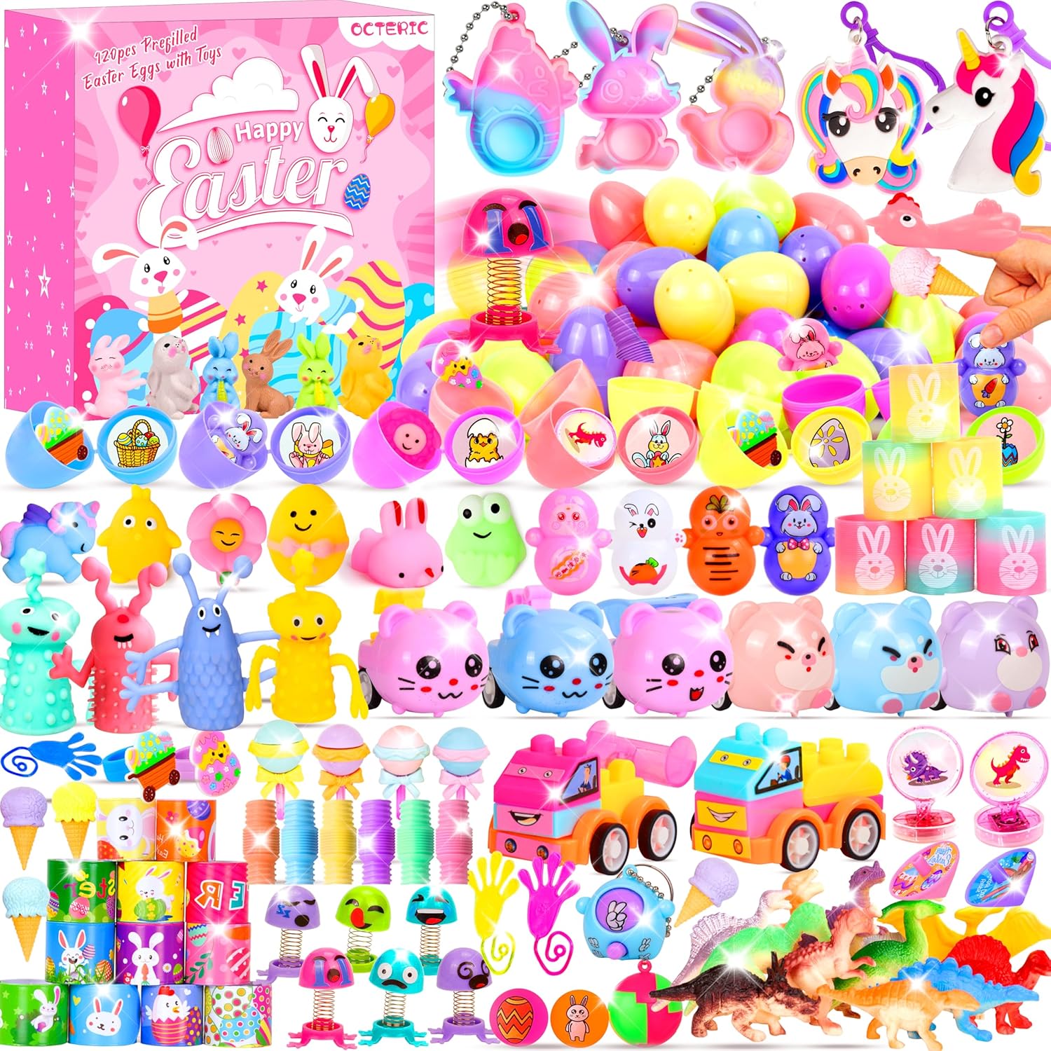 360 Pcs Pastel Prefilled Easter Toy Set, 120 Plastic Eggs Filled with 240 Assorted Toys Stickers for Kids Boys Girls Toddlers Easter Theme Party Favors Easter Eggs Hunt Basket Filler Stuffers Supplies