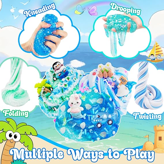 LAWOHO 6 Pack Blue Ocean Slime Kit, Clear Butter Cloud Slime kits for Girls & Boys, Non-Stick Slime for Kids Party Favor with Add-Ins, Birthday Easter Valentines Day Gifts for Kids Slime Making Kit