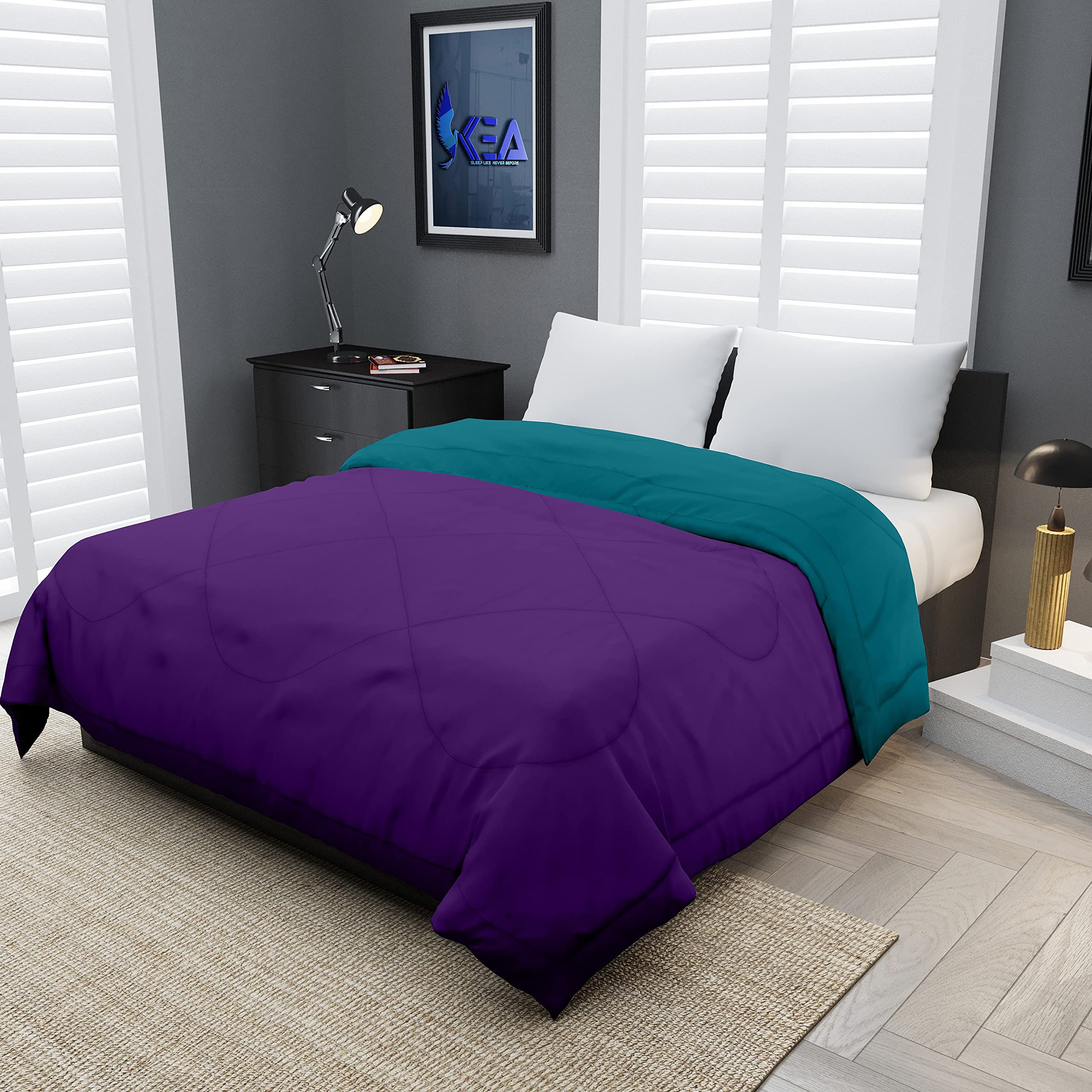 kea microfibre reversible double bed king size comforter/duvet for all weather (purple & cyan, 250gsm)|comforter double