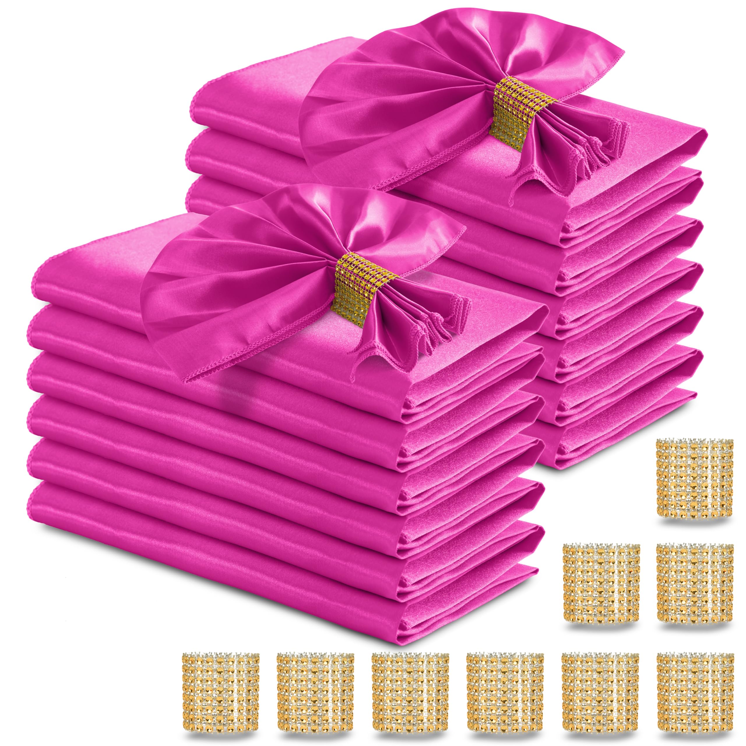 RUDONG M 100 Pcs Hot Pink Satin Napkins and Napkin Rings Set, 17 x 17 Inch Square Cloth Napkins Set of 50, Silky Soft Table Napkins Bulk for Weddings, Banquet, Parties Dinner Decoration