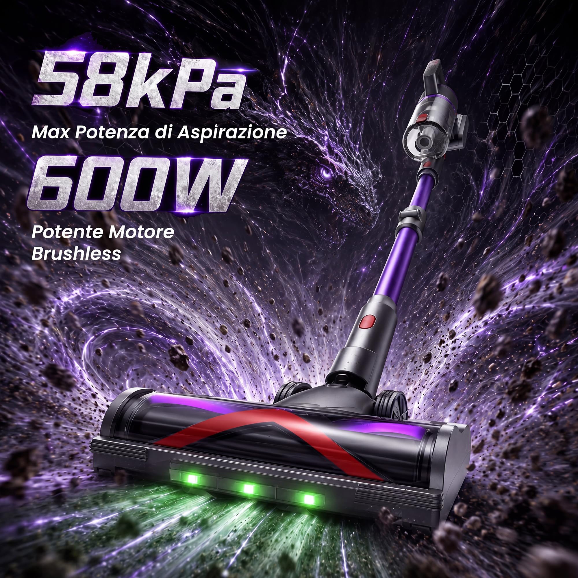 Aspirapolvere Senza Fili, 600W/58000Pa, Scopa Elettrica Senza Fili 75Min, Modalità Automatica, Aspirapolvere Senza Filo LED Touchscreen, Anti-Avvolgimento per Tappeti/Pavimenti/Peli Animali