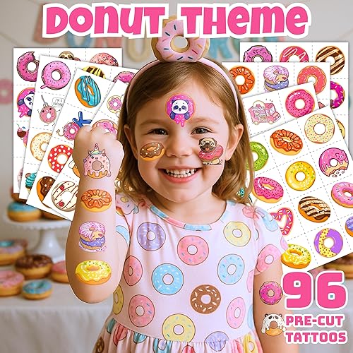 Miniatura 2 de 96 tatuajes temporales precortados de dona para niños, bonitas decoraciones de fiesta de cumpleaños, calcomanías para niñas y niños, recuerdos de