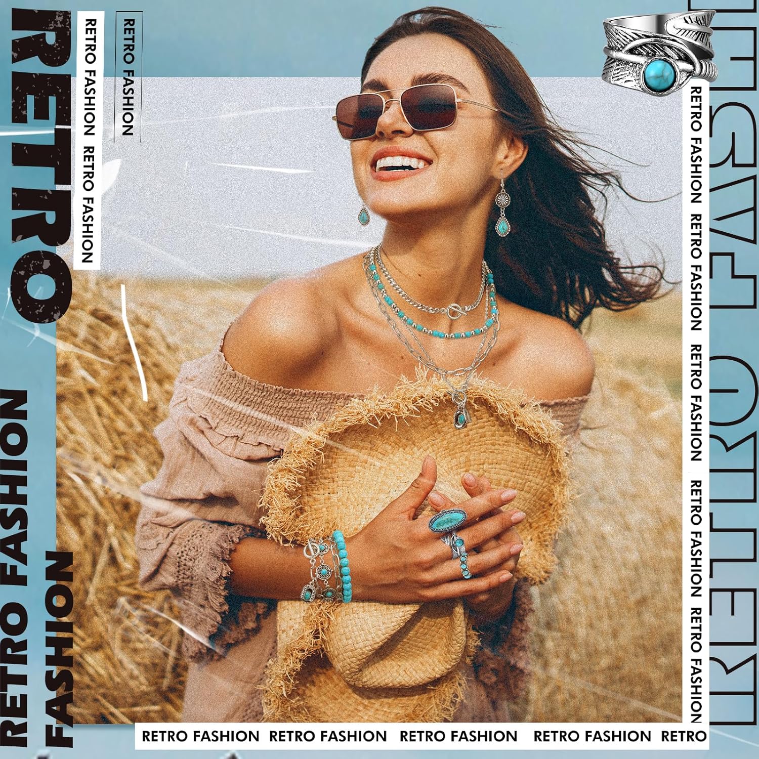 Ecally Bohemian Western Jewelry Turquoise Set Women Country Pendant Long Choker Layered Bracelets Earrings Ring for Women - Image 2