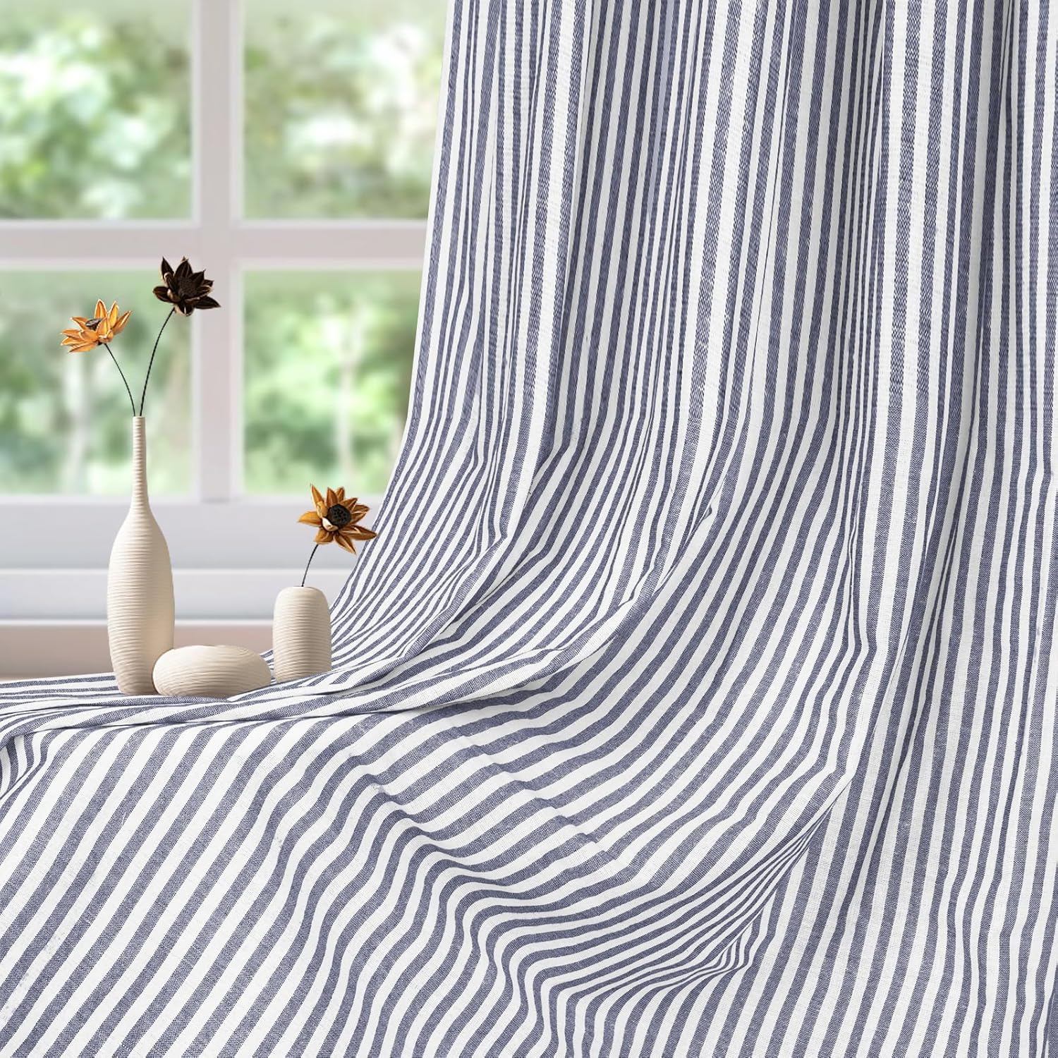 ASPMIZ Cotton Linen Farmhouse Curtains Boho Rustic Button Drapes, Linen Window Curtain Panels, Blue Stripe Country Curtain for Living Room, Modern Back Tab Blackout Curtains 52 x 84 Inch, 2 Panels