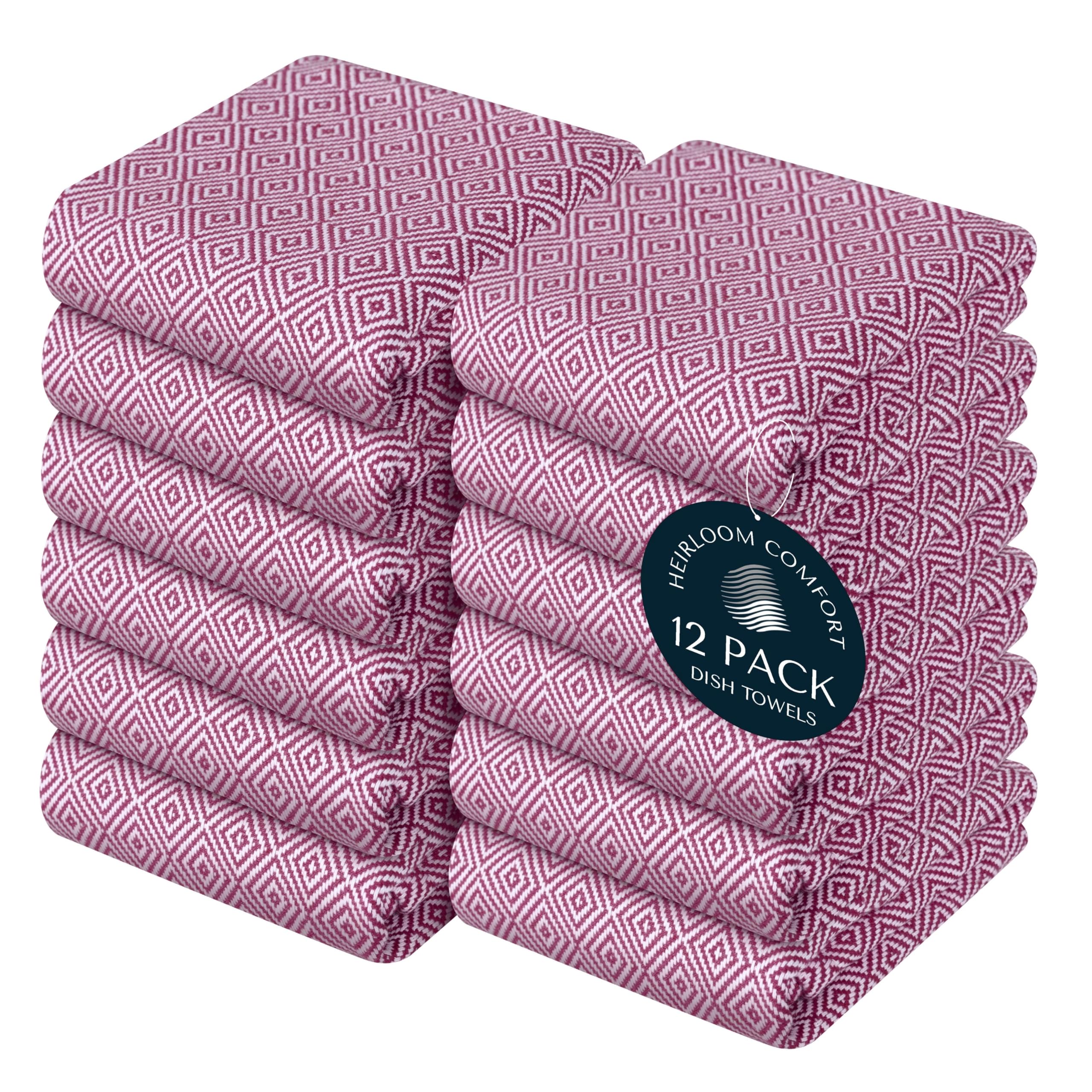 HEIRLOOM COMFORT Burgundy Wine Kitchen Towels (12 Pack), 100% Cotton, Diamond Weave Design, Super Absorbent & Durable Dish Cloths, Quick Dry Towel Set for Drying Dishes, Everyday Kitchen Cleaning