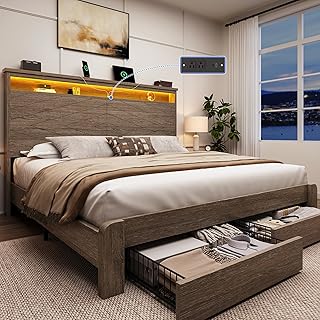 King Size Bed Frame with 2 Storage Drawers and Headboard Wooden Platform Bed Frame with LED Lights and Charging Station Easy Assembly/No Box Spring Needed/Brown