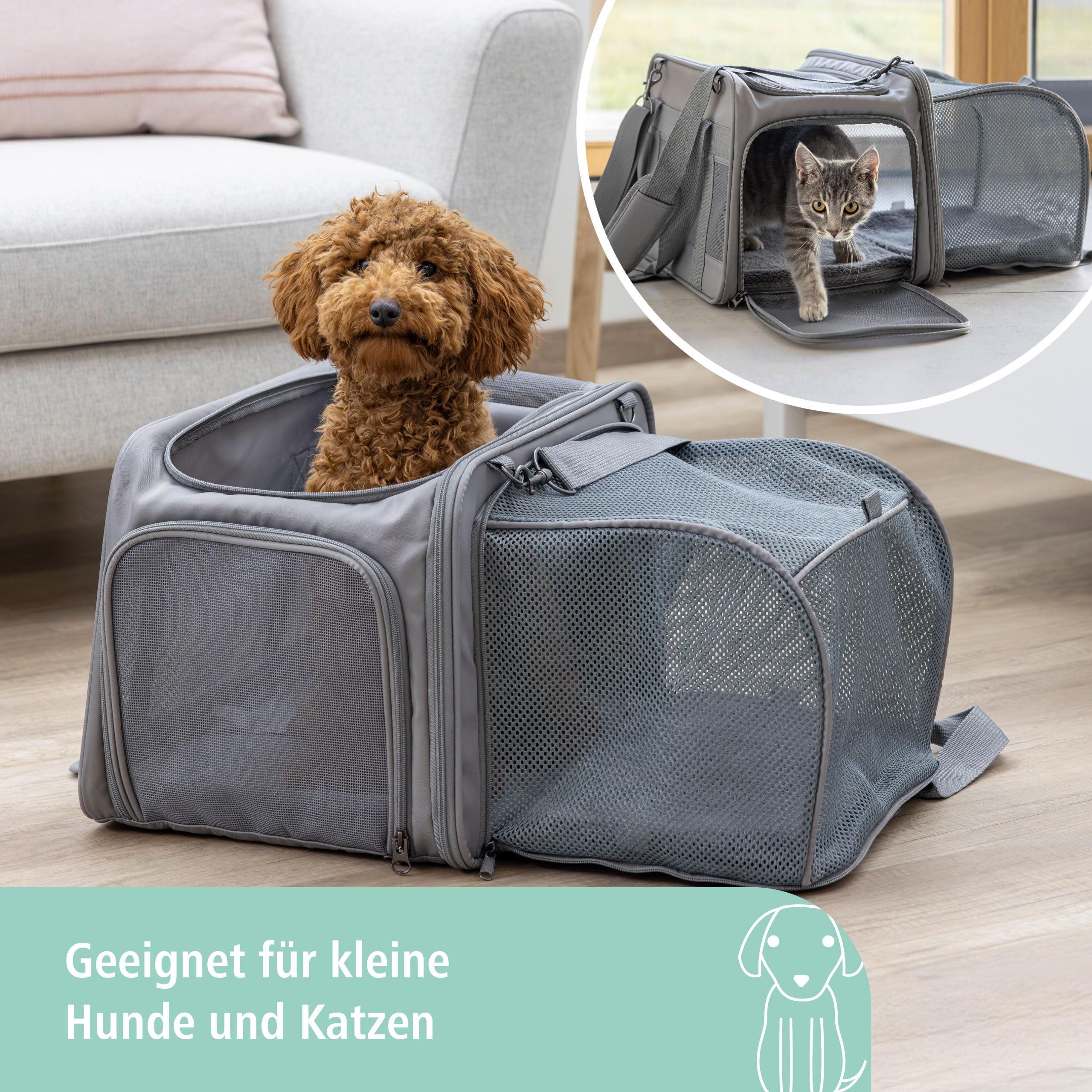 Kerbl Pet Tragetasche Vacation, Transporttasche, Transportbox, grau, 40 x 30 x 27 cm, für kleine Hunde und Katzen bis 15 kg, flugtauglich, Netz-Erweiterung, waschbar, Nylon-Gewebe