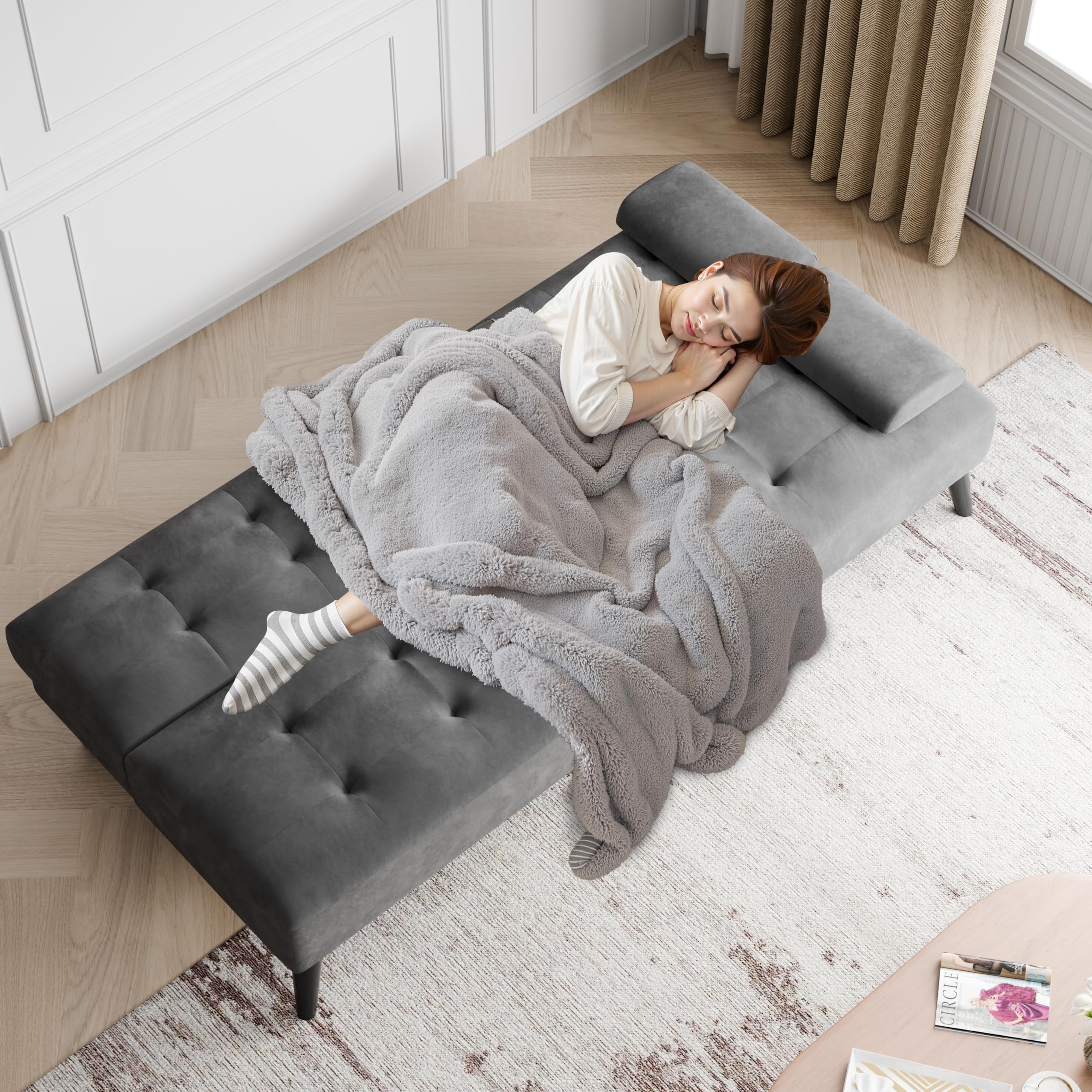 Futon Sofa Bed, 64" Small Futon Couch with Adjustable Backrest, 3-Angle Recliner, Detachable Armrests with Cup Holders for Small Spaces (Dark Grey Velvet)
