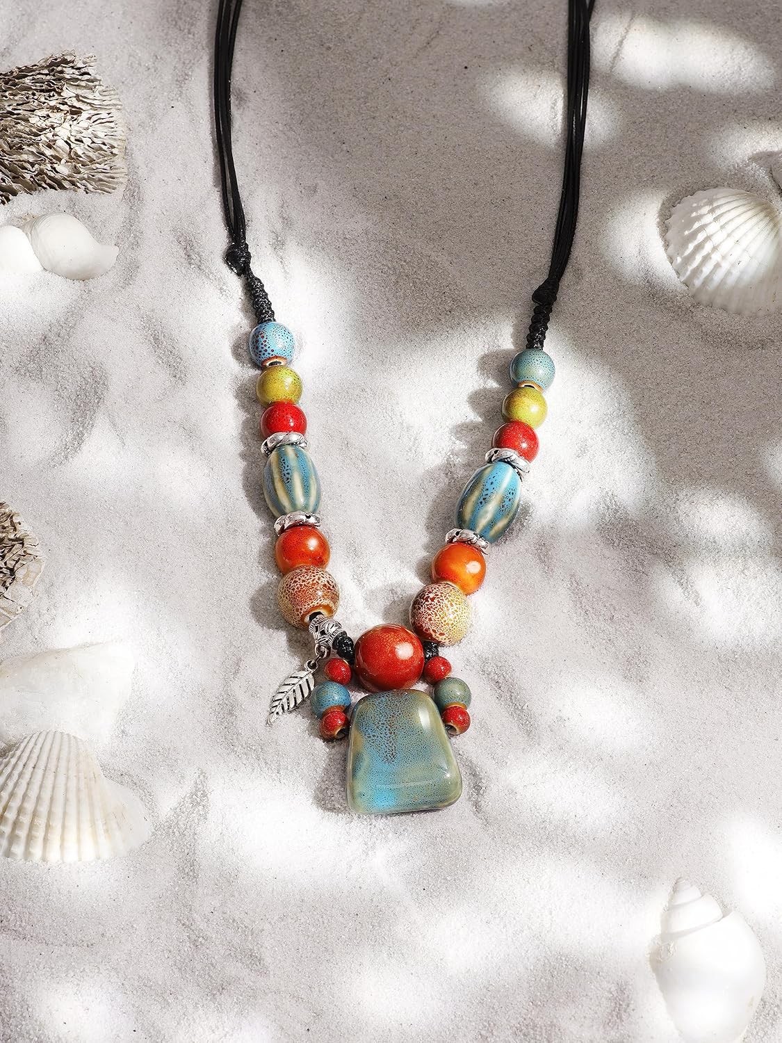 MINACHI Boho Hippie Colorful Chunky Ceramic Beads Strand Necklace, Bohemian Jewelry Gift for Women