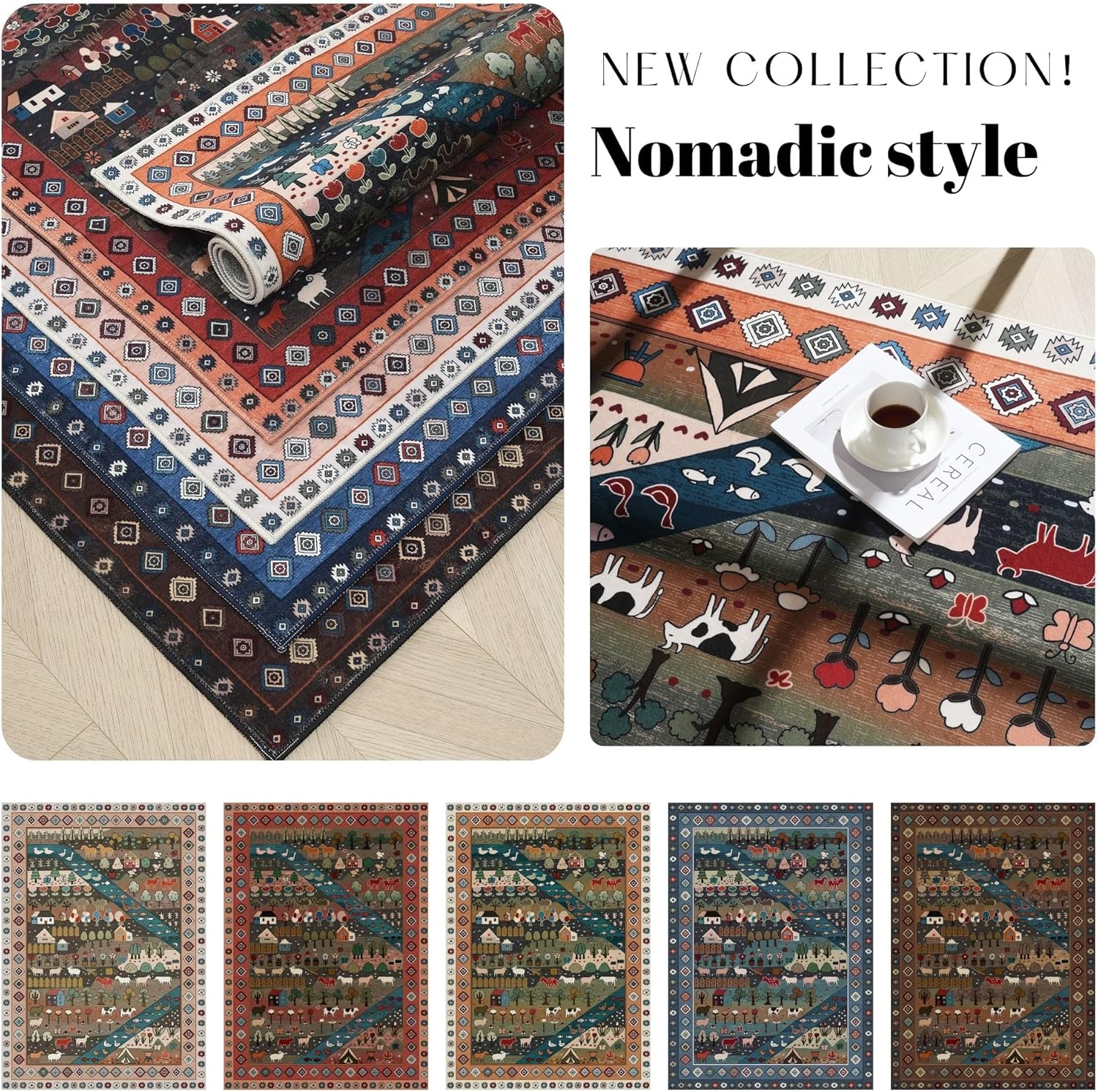 Area Rugs 8x10 for Living Room Clearance Washable Nomadic Rug Non Slip Floral Animal Vintage Low Pile Large Rug for Bedroom, Farmhouse, Dining Room, Kids Playroom, Green