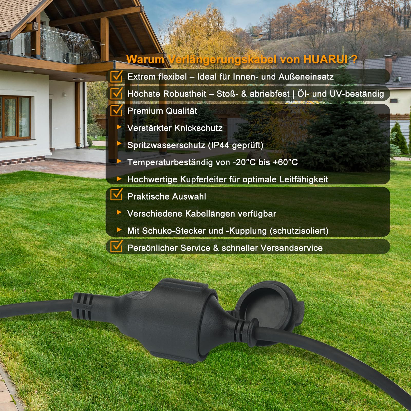 Cable alargador exterior de goma, 20 m, cable de alimentación con enchufe Schuko para exteriores, IP44, extensión de cable H05RR-F 3G1,5 mm² con tapa protectora, cable eléctrico exterior, 3500 W