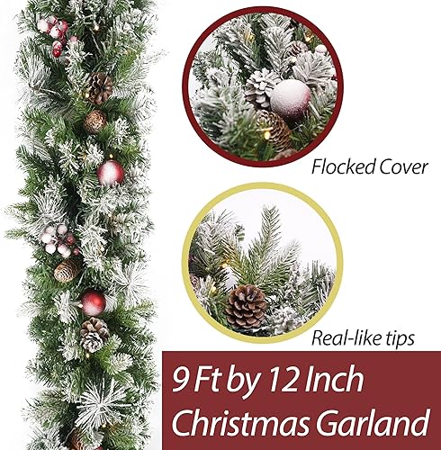 Miniatura 2 de Guirnalda de Navidad flocada de 9 pies con 50 luces, decoración de Navidad con cono de pino, bolas rojas y bayas, temporizador de 50 luces para