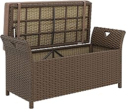 Outsunny 2-In-1 Patio Wicker Storage Bench, 29 Gallon Outdoor PE Rattan Patio Furniture, Large Capacity Rectangle Basket Box with Handles and Cushion, Tan