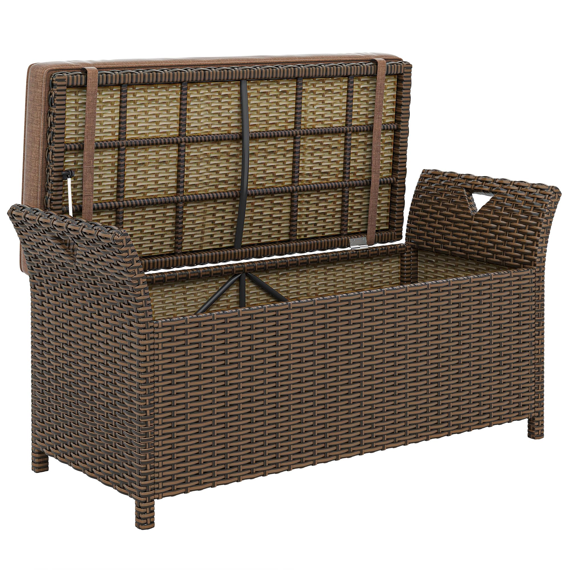 Outsunny 2-In-1 Patio Wicker Storage Bench, 29 Gallon Outdoor PE Rattan Patio Furniture, Large Capacity Rectangle Basket Box with Handles and Cushion, Tan - 1