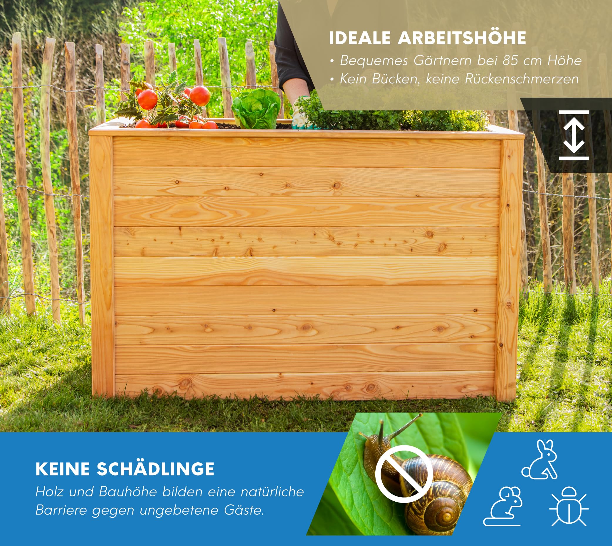WESTMANN Hochbeet aus Lärchenholz | 130x65x84 cm Natur | Kräuterbeet für den Außenbereich | Holzhochbeet zum Bepflanzen von Gemüse & Kräutern