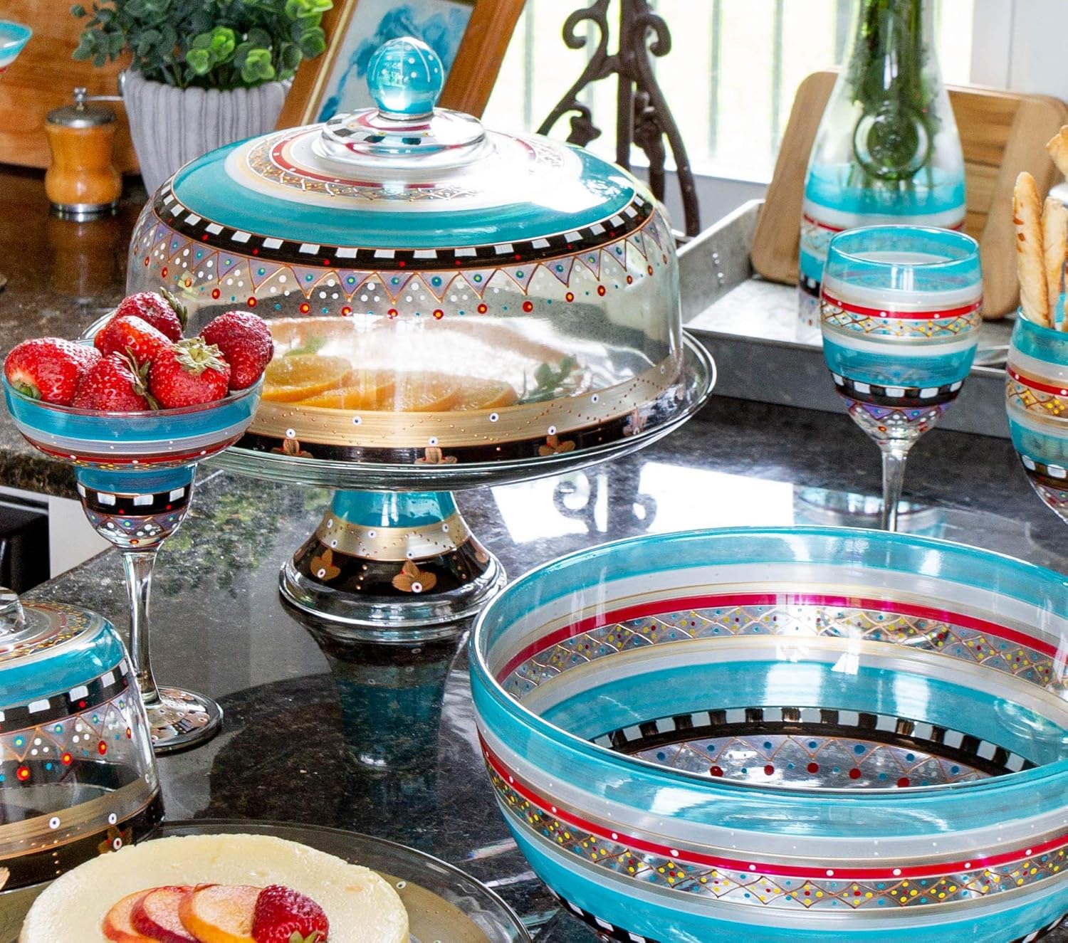 Hand Painted Salad Serving Bowl - Moroccan Mosaic Carnival Collection - Hand Painted Glassware by USA Artists - Unique and Decorative Large Serving Bowl 11", Kitchen Table Décor