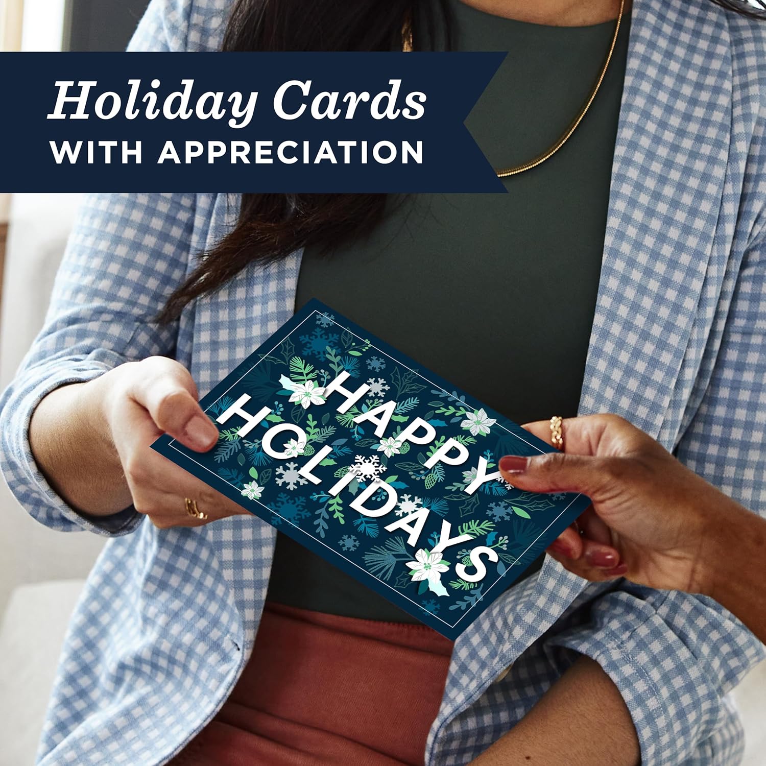 Hallmark Business Bulk 100 Pack Happy Holidays Cards for Employees and Staff (Snowflakes and Foliage), 5x7 Cards, Message Inside, Envelopes Included