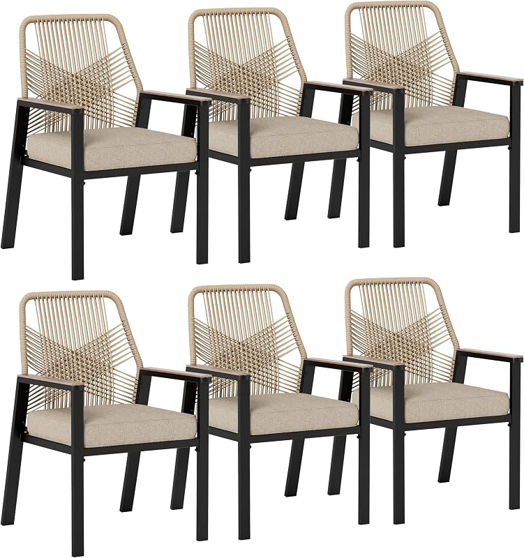 HERA'S HOUSE Patio Dining Chairs, Set of 6, Wrought Iron & Rattan, Beige
