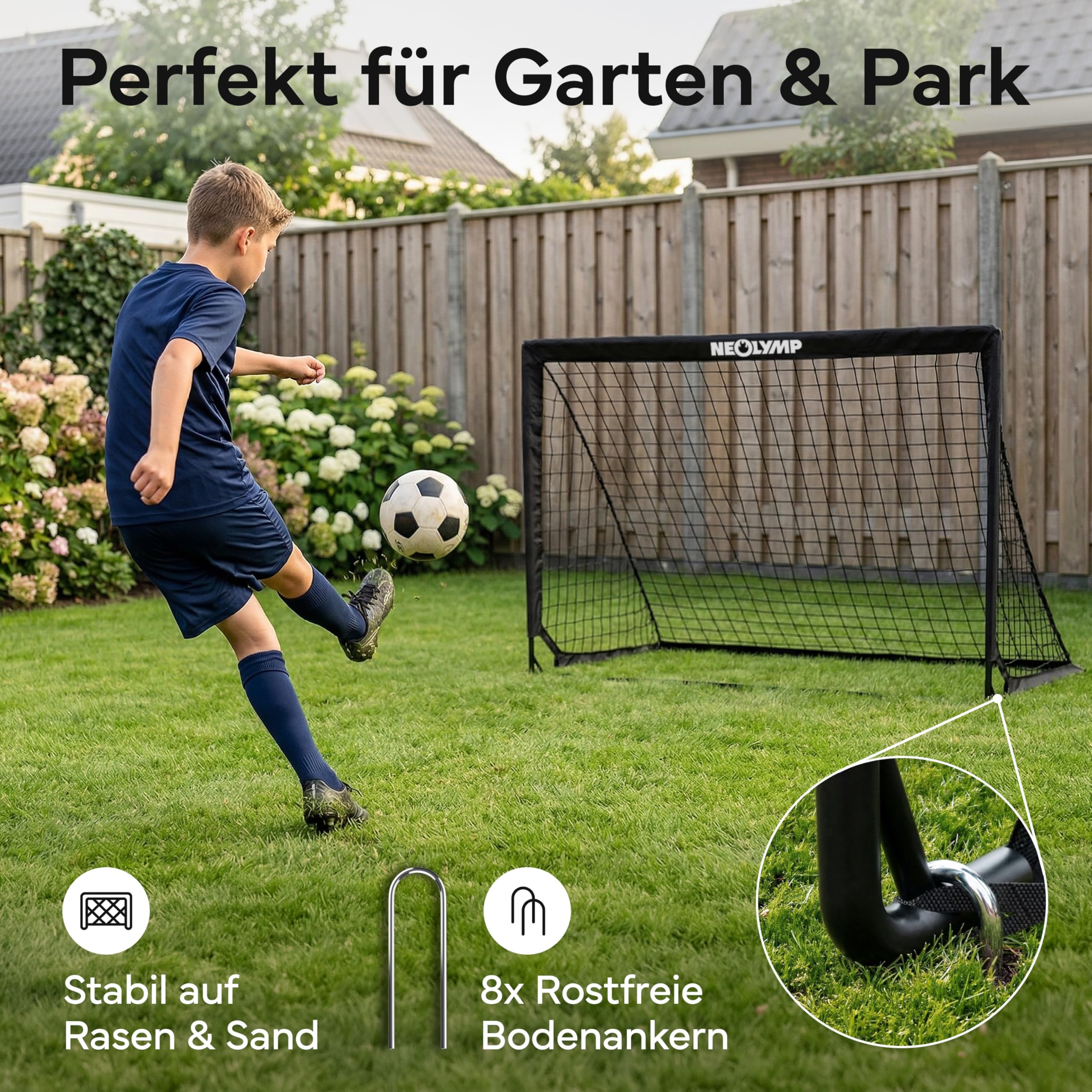 NEOLYMP Fußballtor Kinder Set – Faltbare Tore für Garten & Outdoor – Robuste 9 mm Fiberglas-Stangen – Mit Hütchen, Karabinern, Indoor-Füße & Tragetasche – Fußball-Training - Fußball Trainingszubehör
