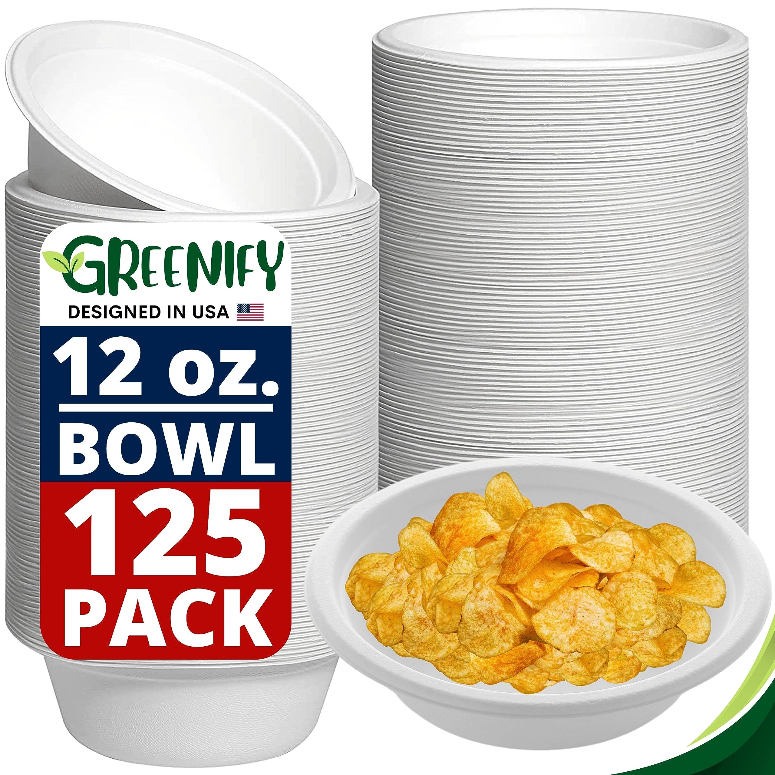 Paper Bowls 100 Compostable 12 oz. (Pack of 125) Biodegradable Bowls
