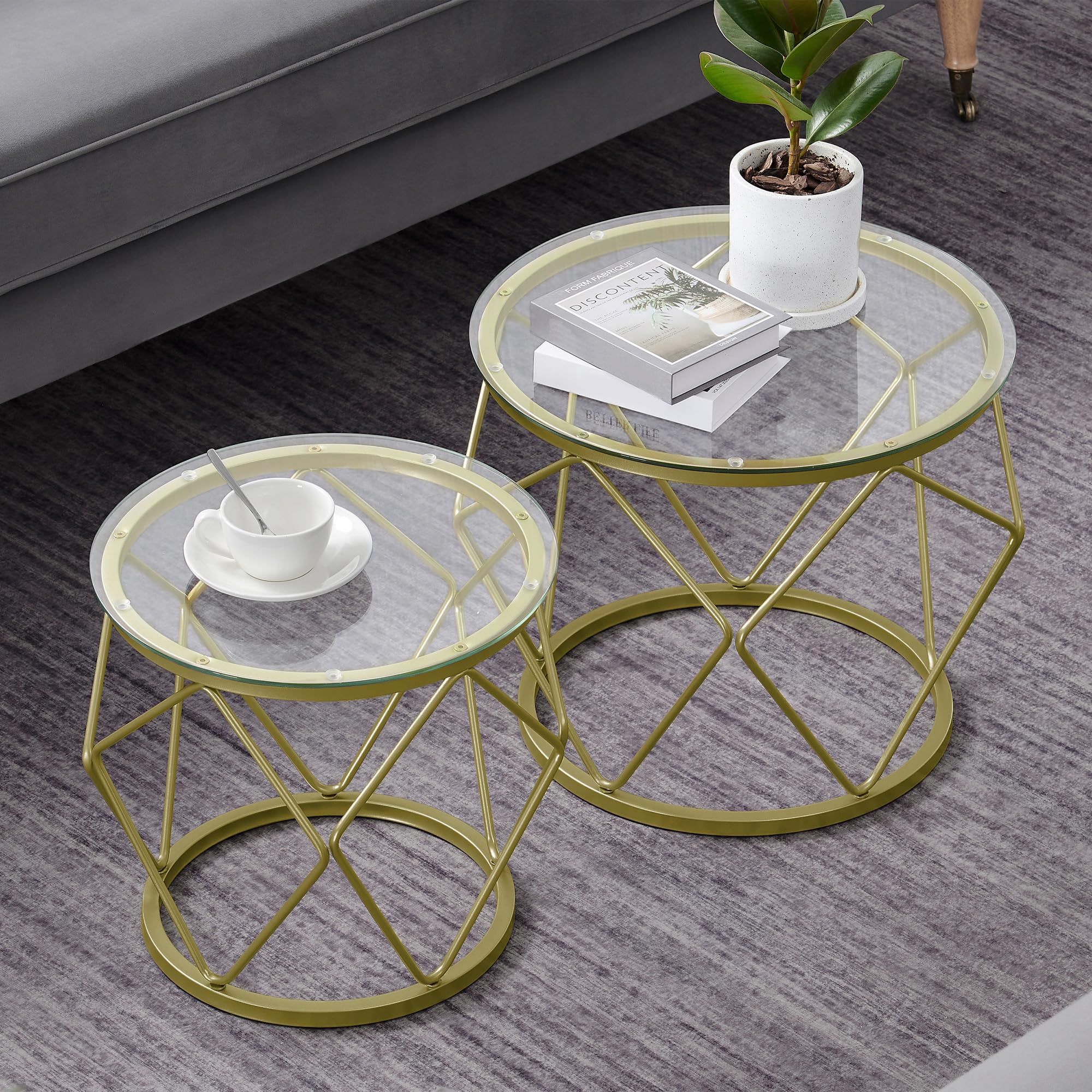 Hzuaneri Couchtisch rund, 2er Set Beistelltische, Beistelltisch-Set mit Metallrahmen, Kleiner Beistelltisch für Wohnzimmer, Schlafzimmer, Büro, Schlafzimmer, Gold 01801GCT
