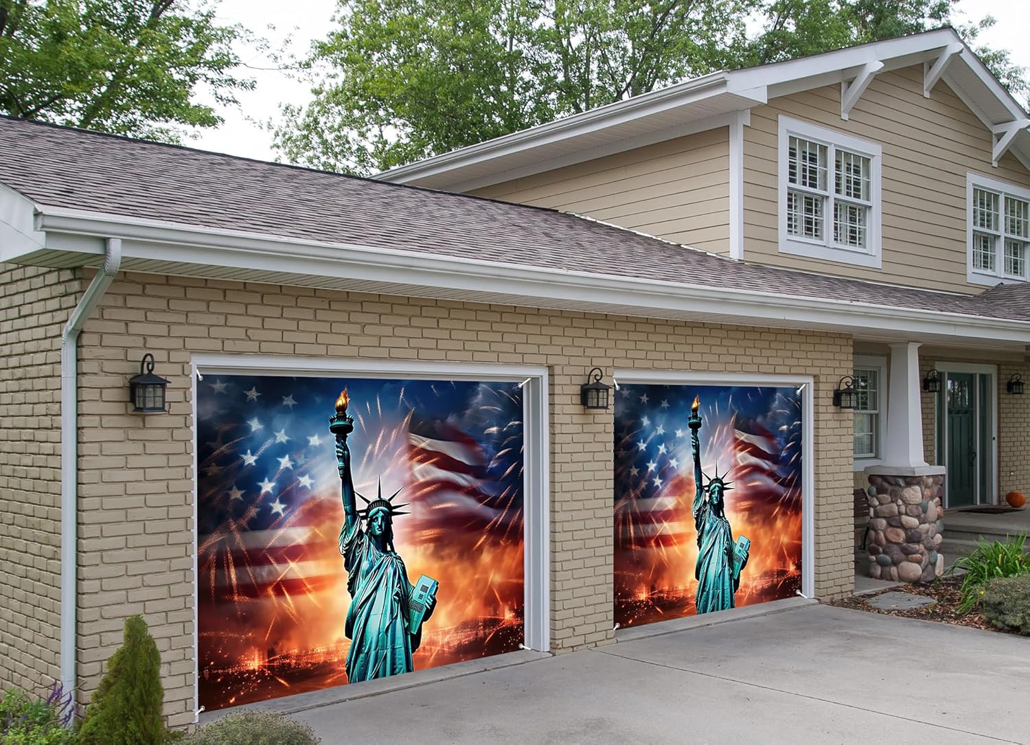 7x8ft Statue of Liberty Garage Door Decor America Stars and Stripes Huge Statue Patriotic Fireworks City Garage Door Cover for 4th of July Veterans Memorial Day Garage Door Decor