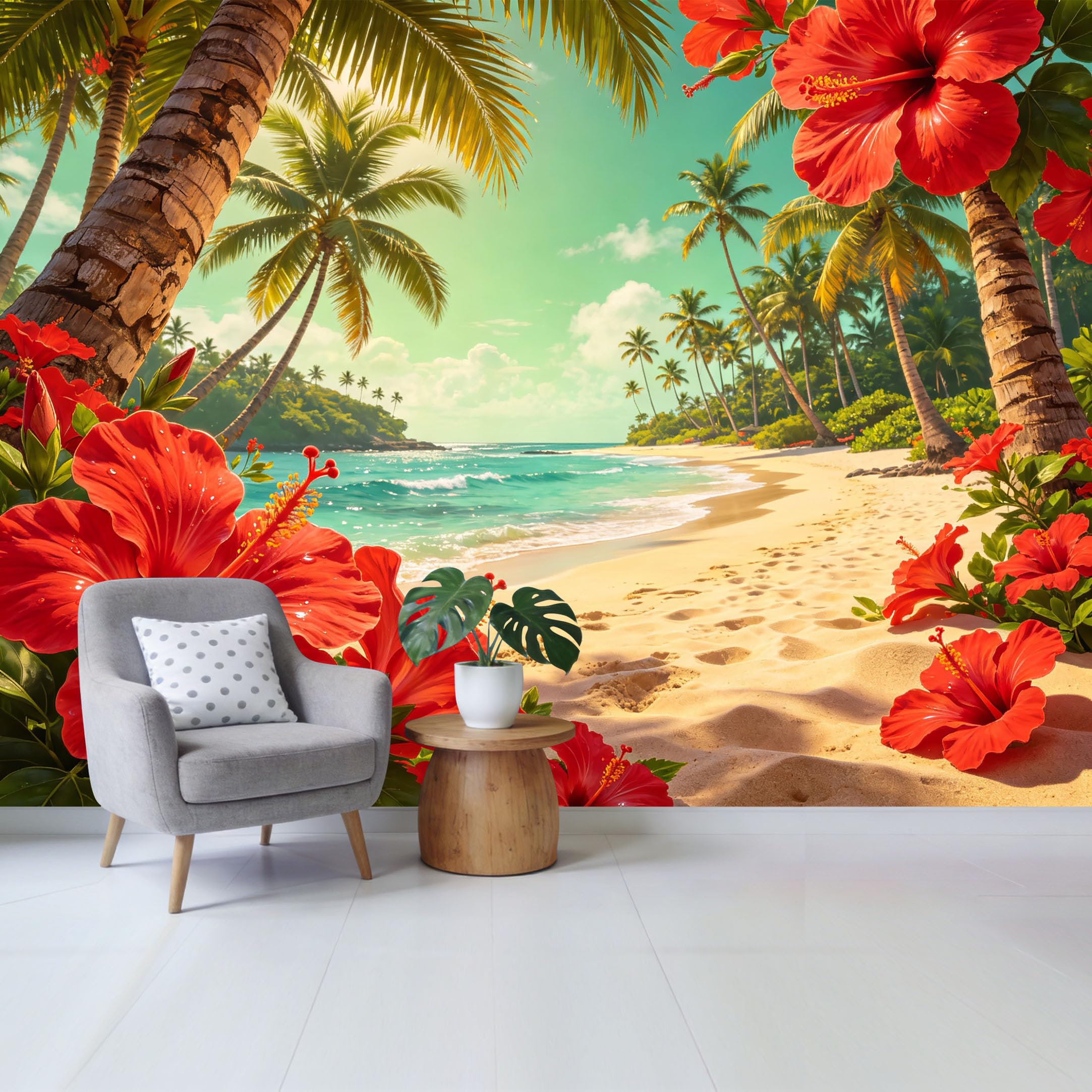 Custom Size Wall Mural Tropical Hibiscus Flowers Palm Trees Coastal Beach Scenery SelfAdhesive Wall Fabric Removable Wallpaper for Home Office Decor