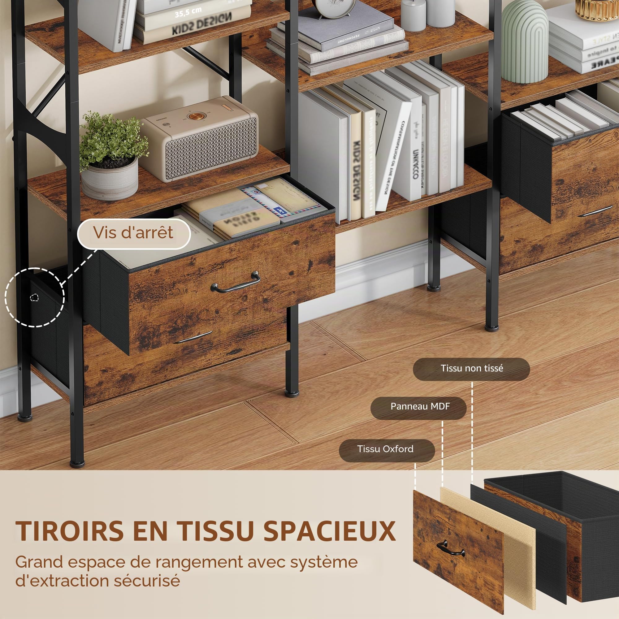 Bibliothèque, 158 x 24 x 166 cm, Marron Rustique et Noir