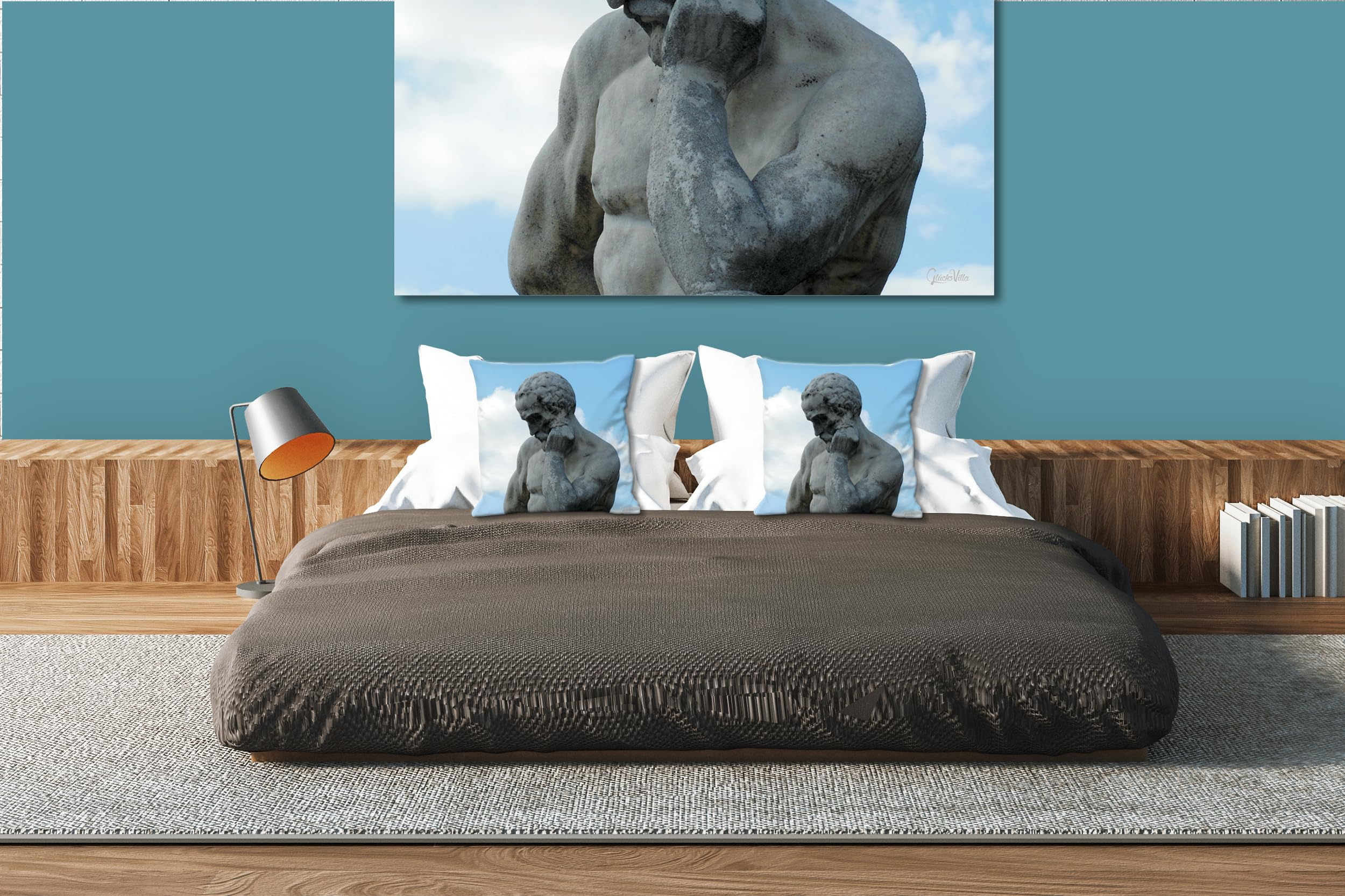 Denk nach! - Foto-Kissen-Hülle Set (2 STK.) 40 x 40 cm | Kissen-Bezüge - passend zu Wandbild - Deko-Kissen - Paris Stutue Denker Steinfigur Kunst